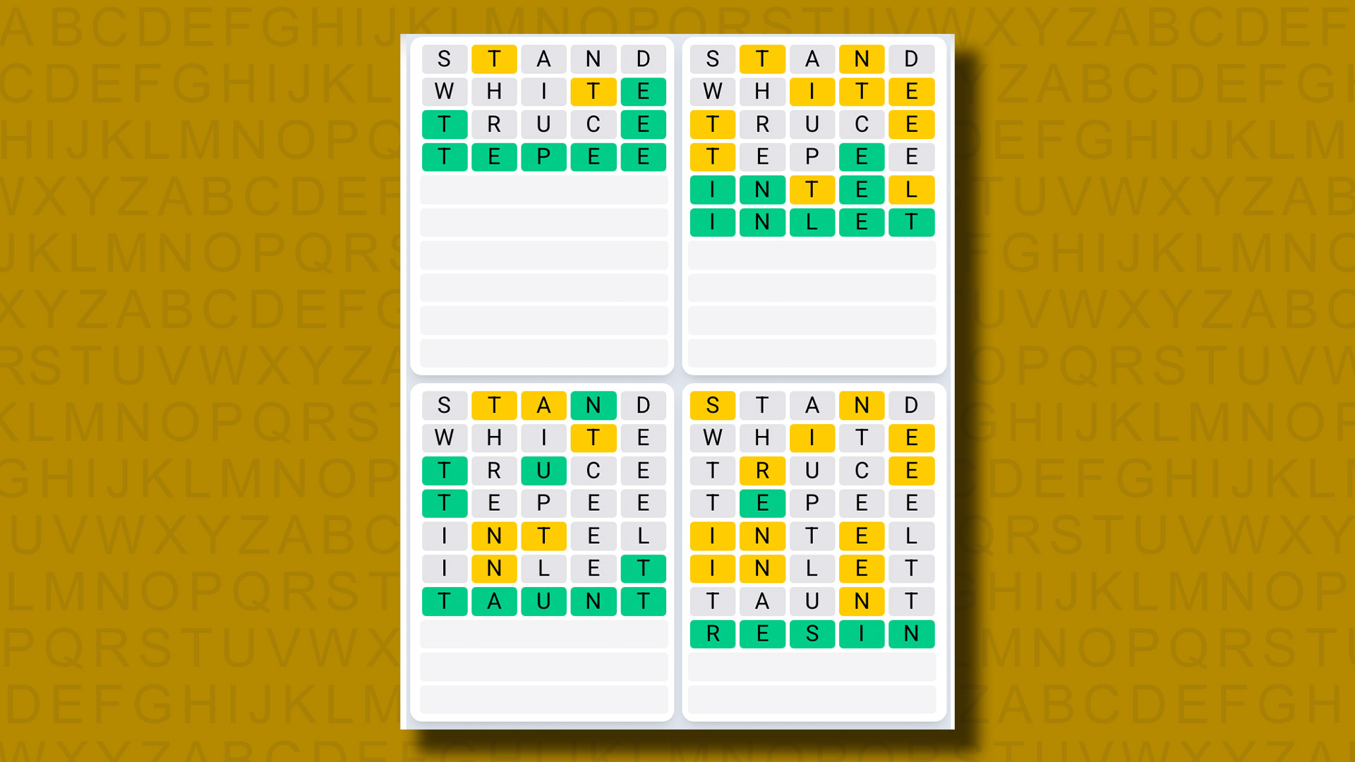 Quordle Daily Sequence answers for game 1326 on a yellow background