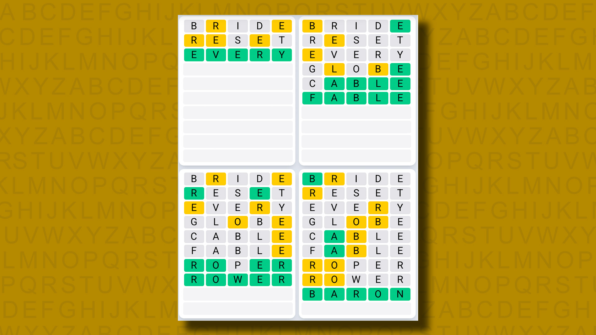 Quordle Daily Sequence answers for game 1333 on a yellow background