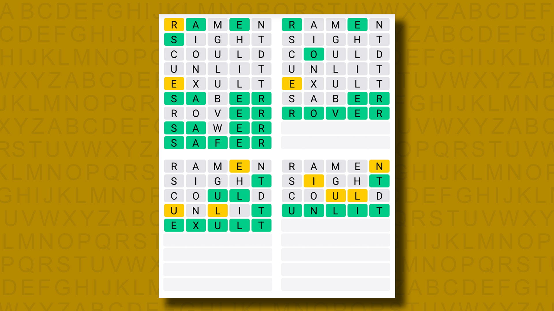 Quordle answers for game 1333 on a yellow background