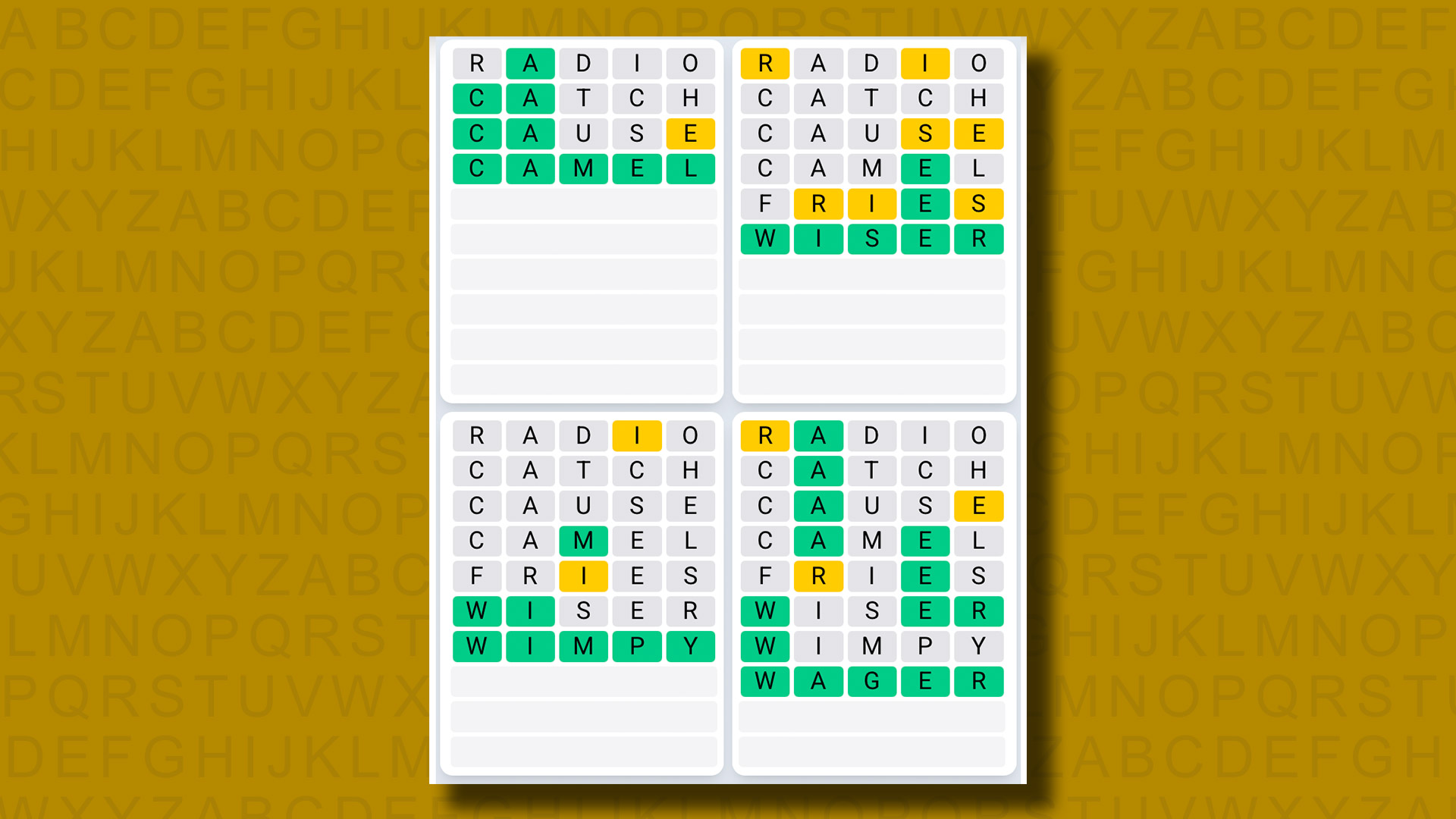 Quordle Daily Sequence answers for game 1317 on a yellow background