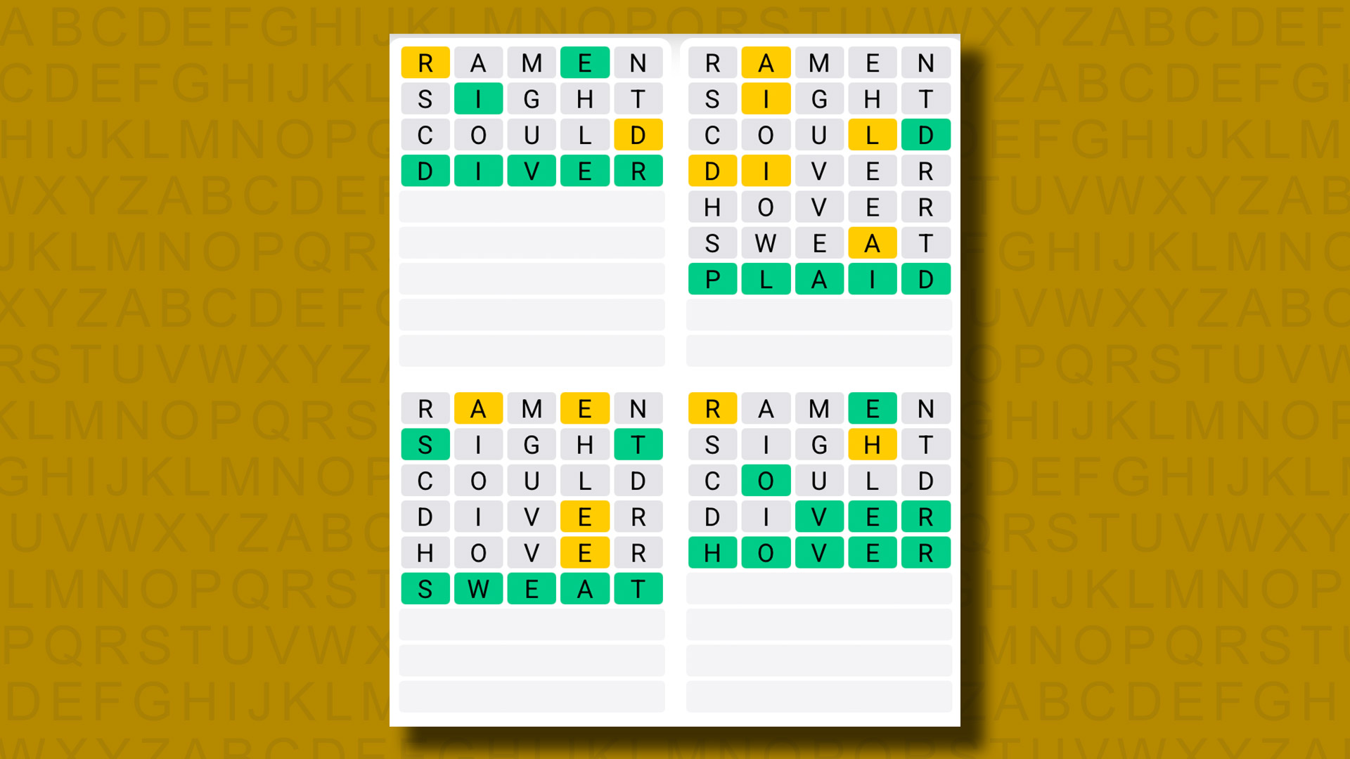 Quordle answers for game 1317 on a yellow background