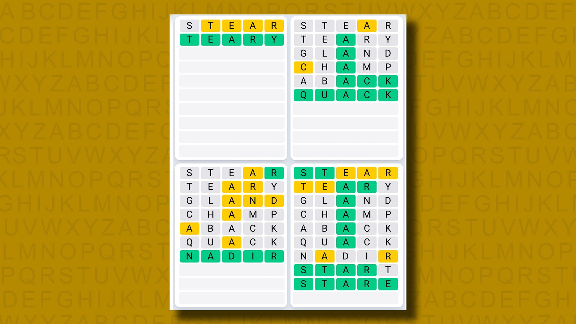 Quordle Daily Sequence answers for game 1324 on a yellow background