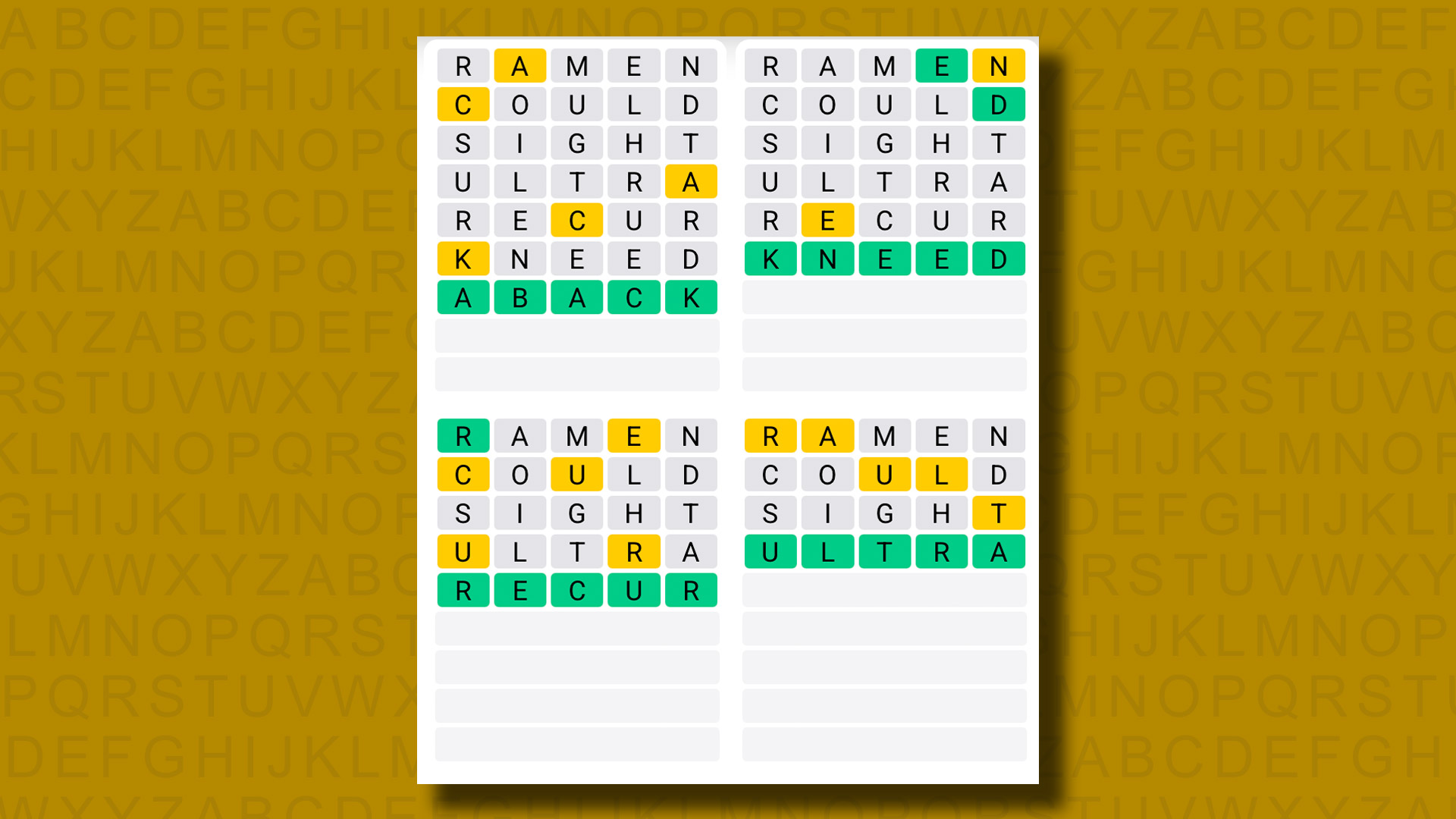 Quordle answers for game 1324 on a yellow background