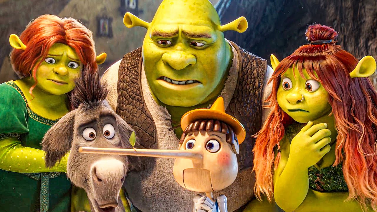 Fiona, Donkey, Shrek, and Felicia staring at Pinocchio&#039;s long nose in Shrek 5