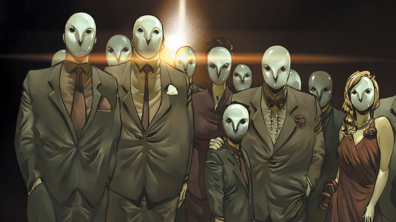 A screenshot of the villainous group called The Court of Owls in a DC comic book