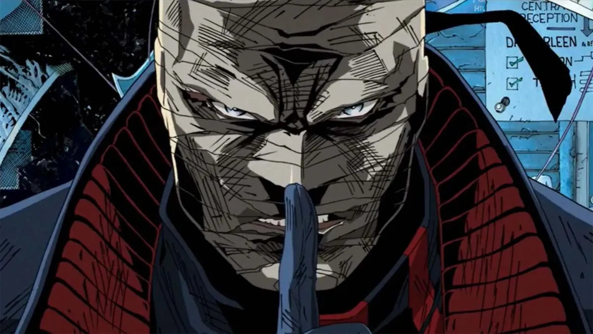 A close-up of the Batman villain Hush in a DC comic book