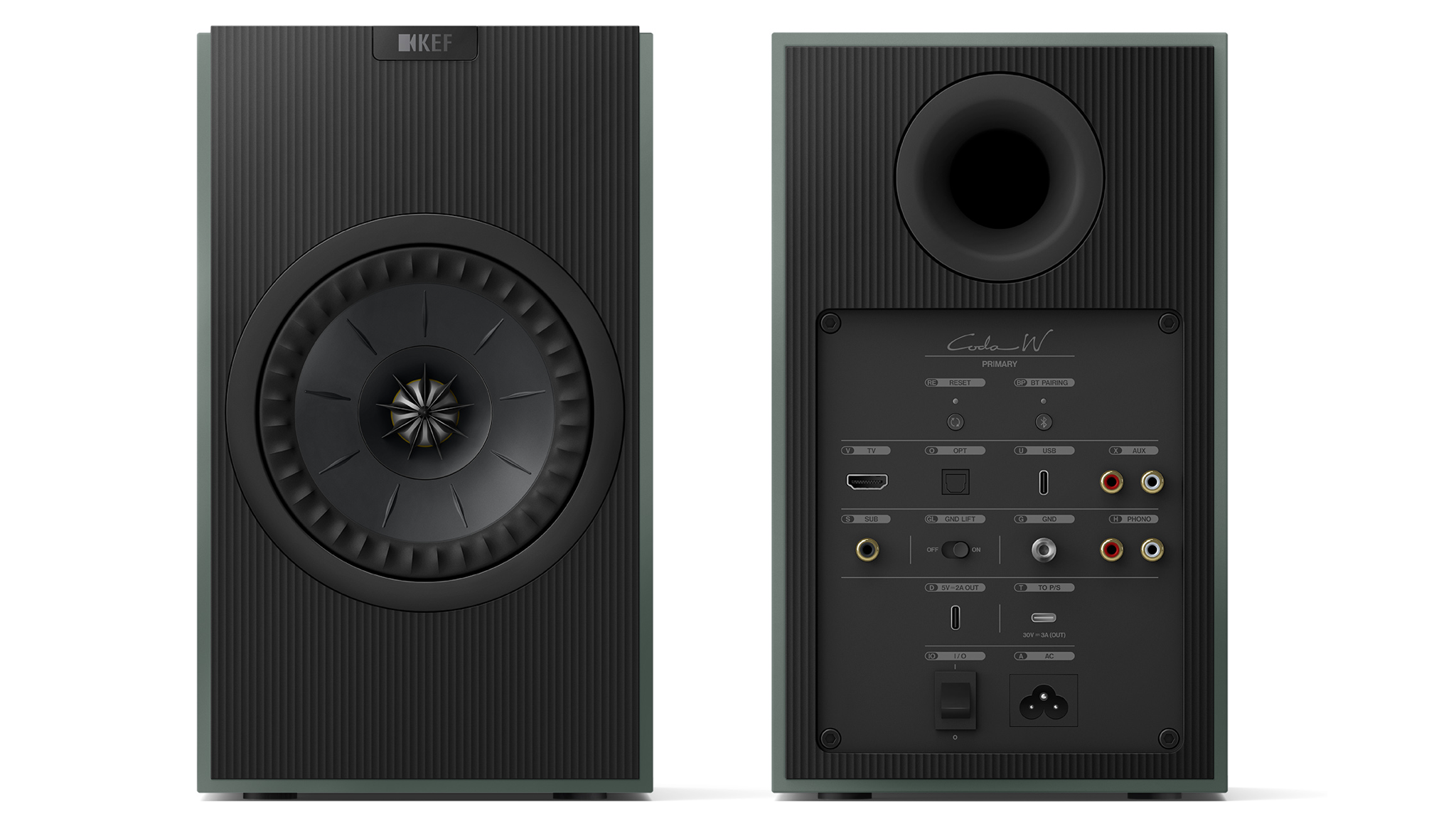 Product shot of the front and back of the KEF Coda W speakers in moss green on a white background