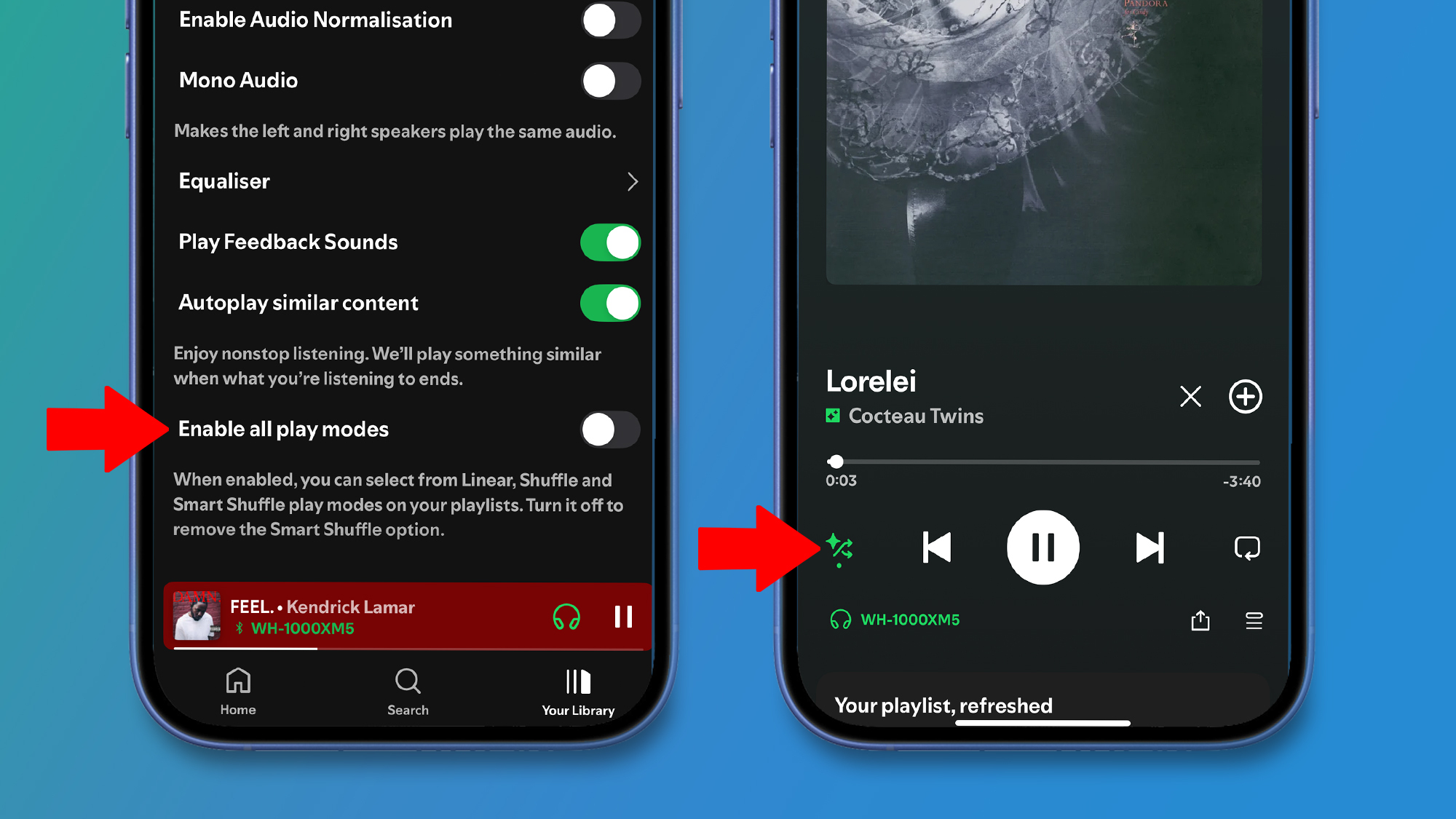 Close-ups of Spotify&#039;s Smart Shuffle disable function
