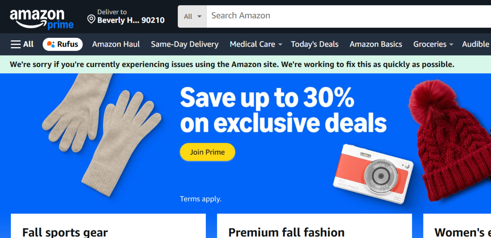 Amazon website with connection issues banner displayed