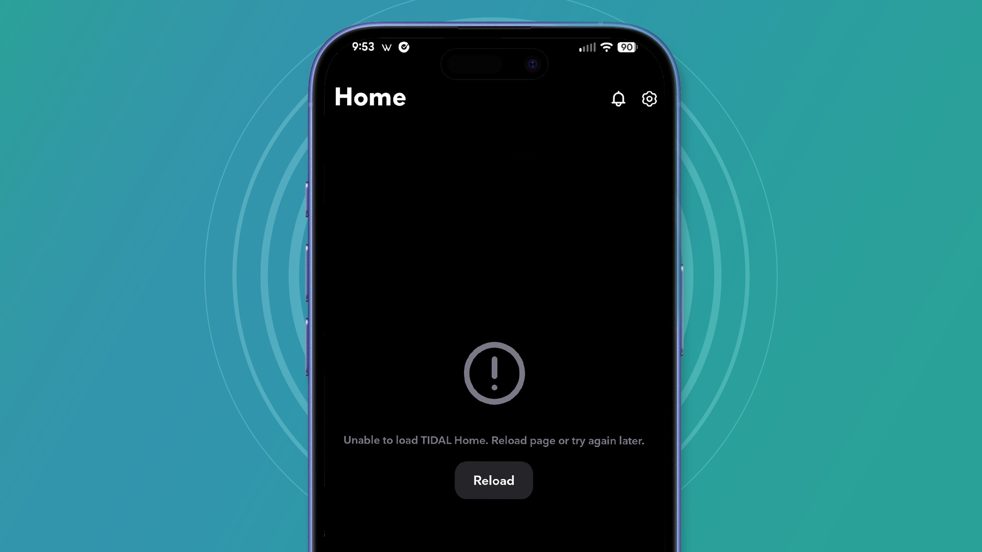 A phone on a green and blue background showing a problem with the Tidal app