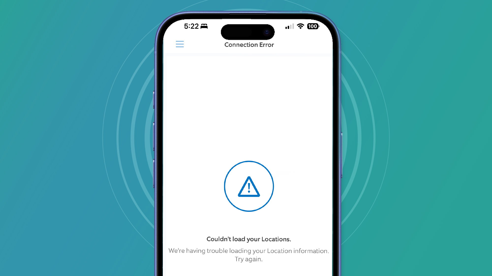A phone on a green and blue background showing problems with the Ring app