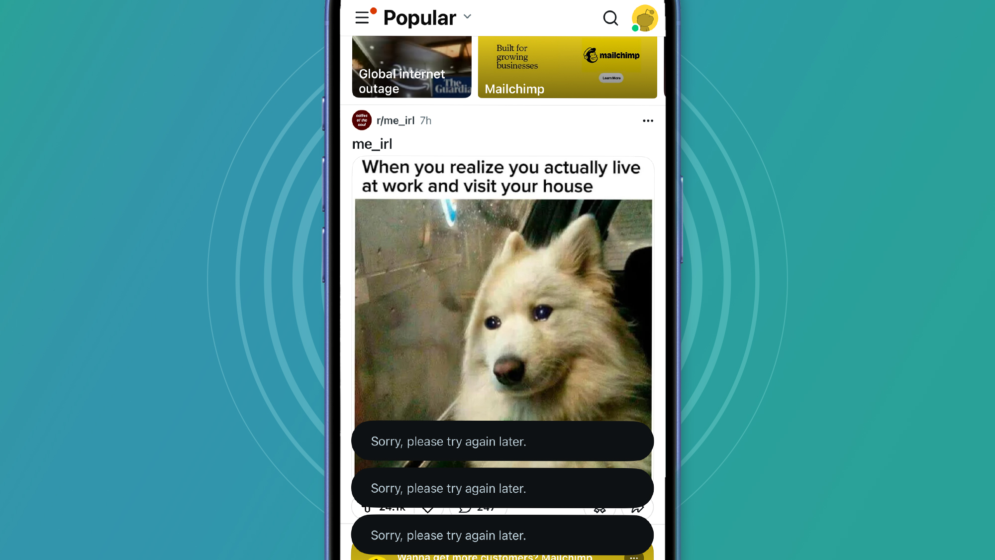 A phone on a green and blue background showing the Reddit app