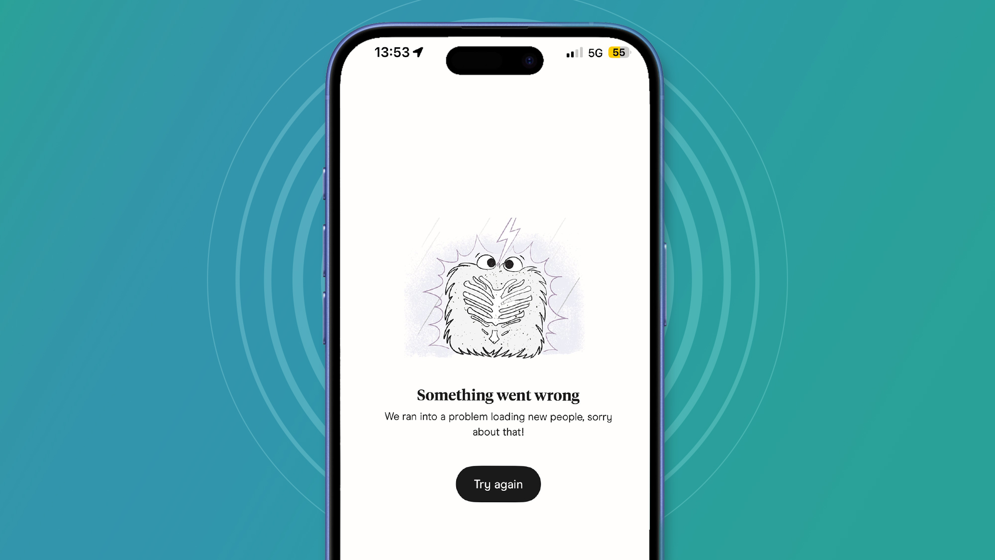 A phone on a blue and green background showing an error message in the Hinge app