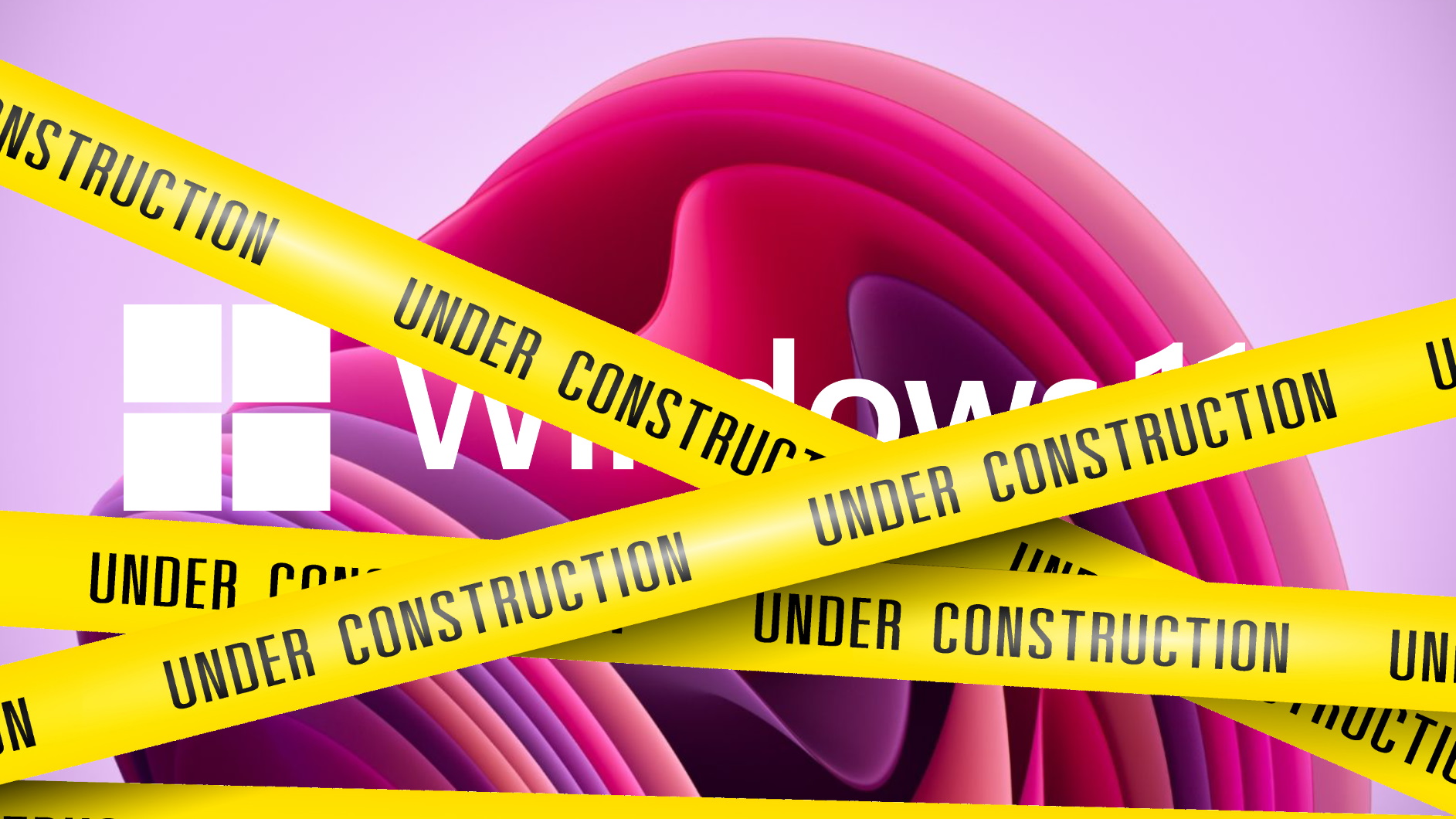 Windows 11 logo wrapped in &#039;Under Construction&#039; tape