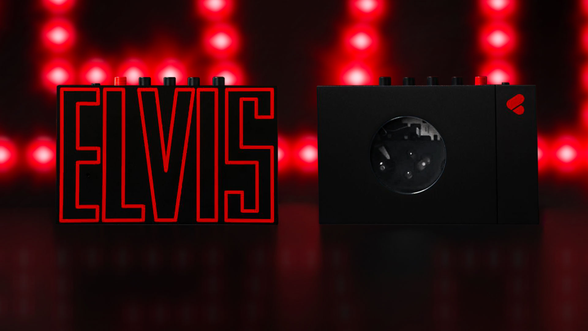 The We Are Rewind Elvis limited edition cassette player Walkman from both sides, on red and black background