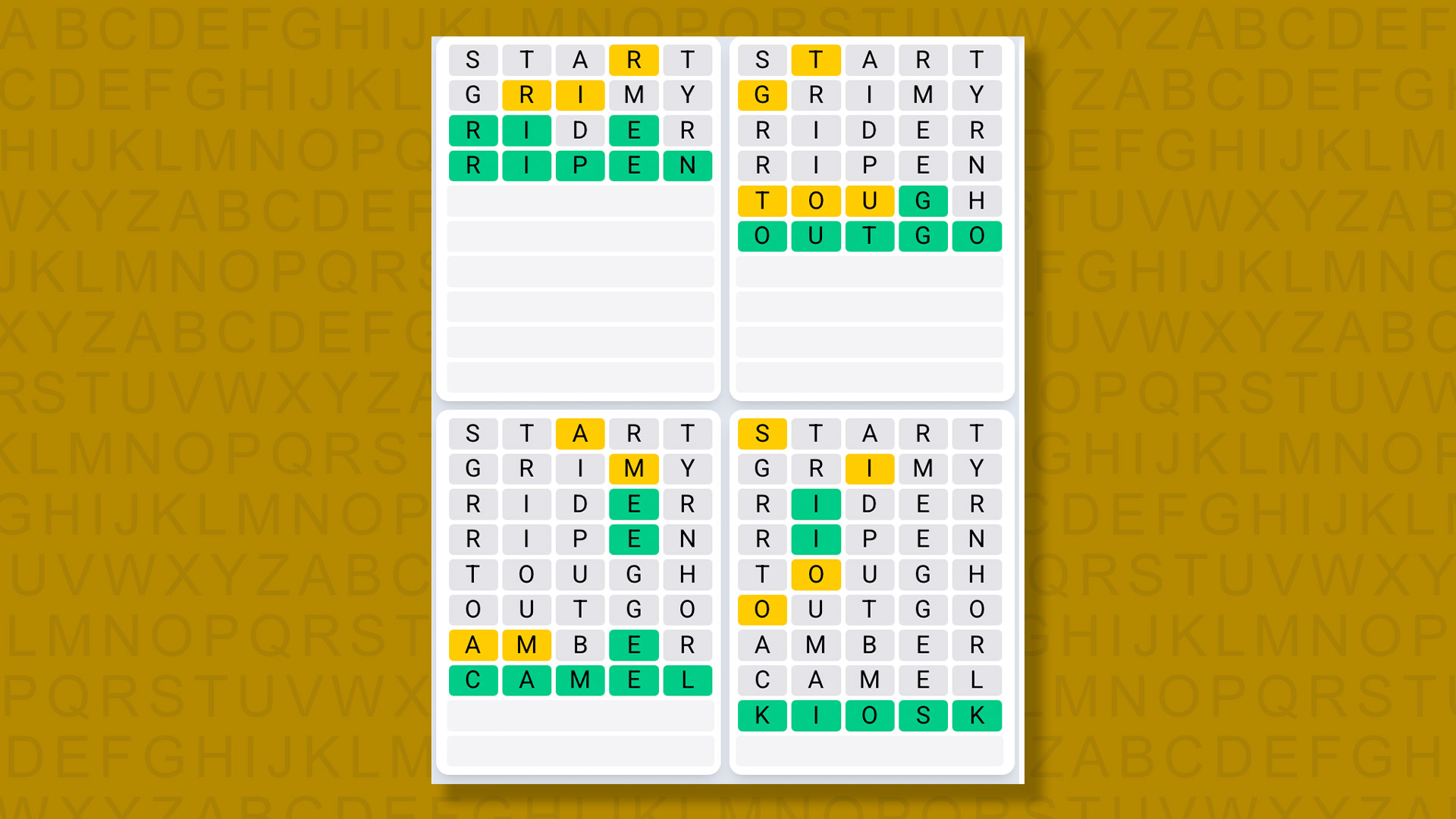 Quordle Daily Sequence answers for game 1377 on a yellow background