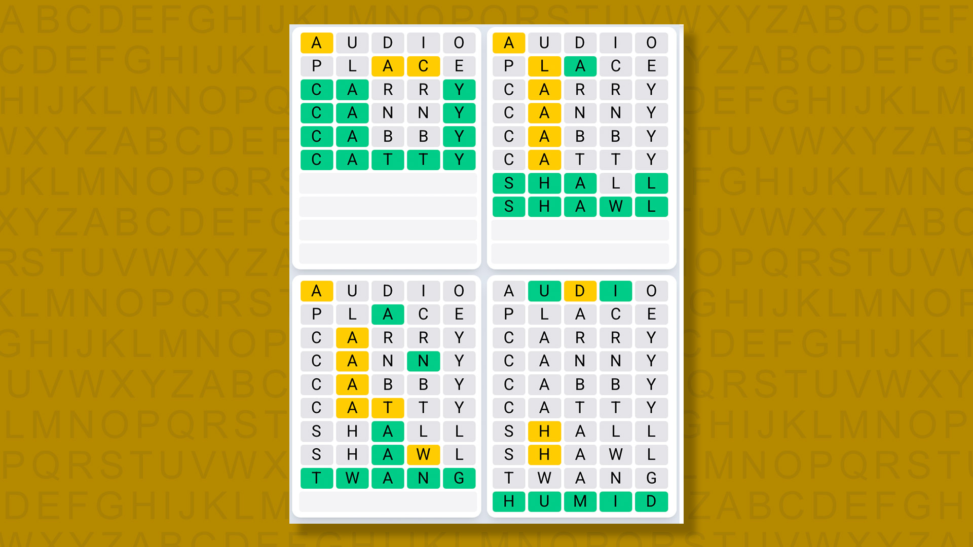 Quordle Daily Sequence answers for game 1356 on a yellow background