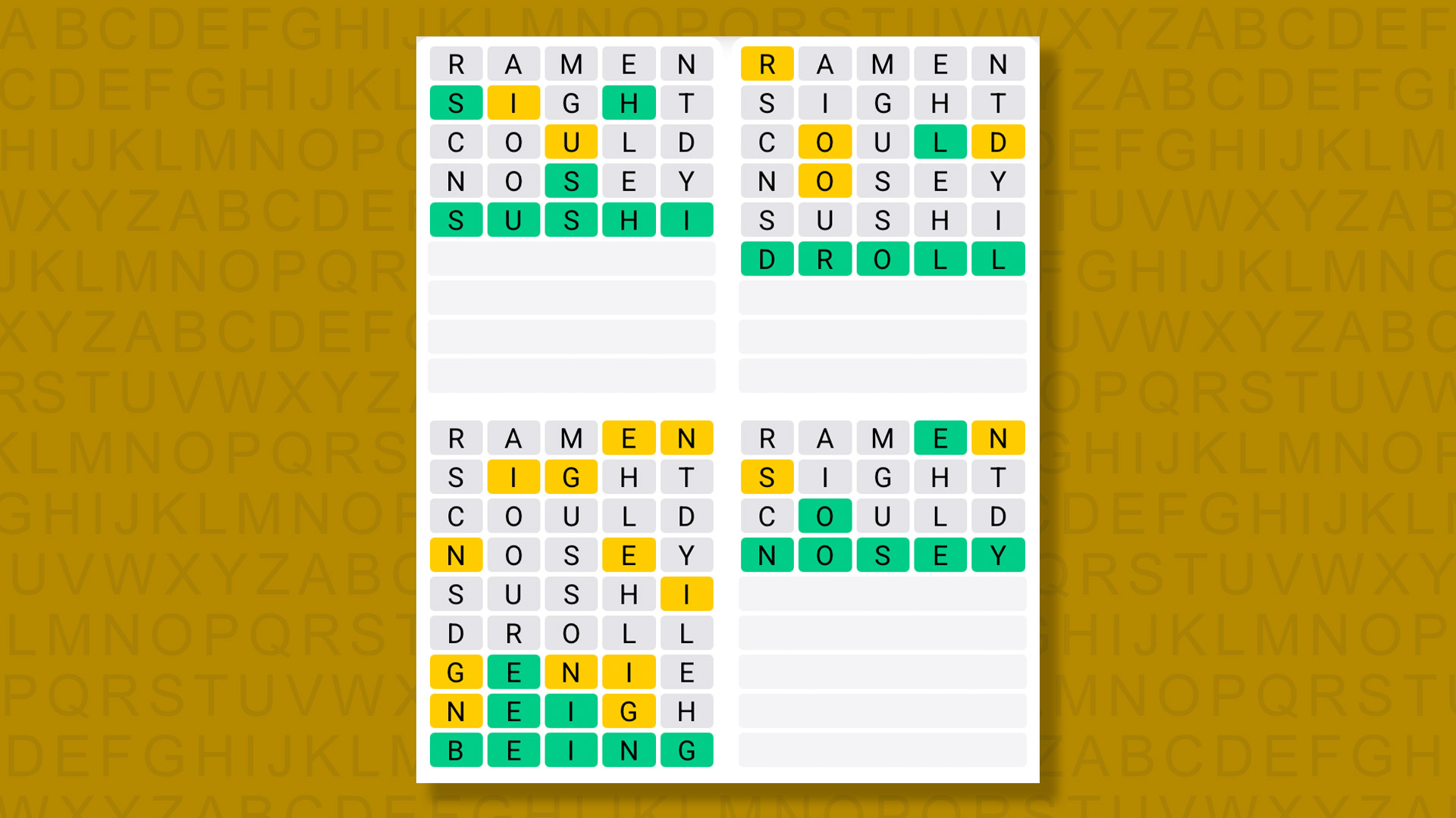 Quordle answers for game 1356 on a yellow background