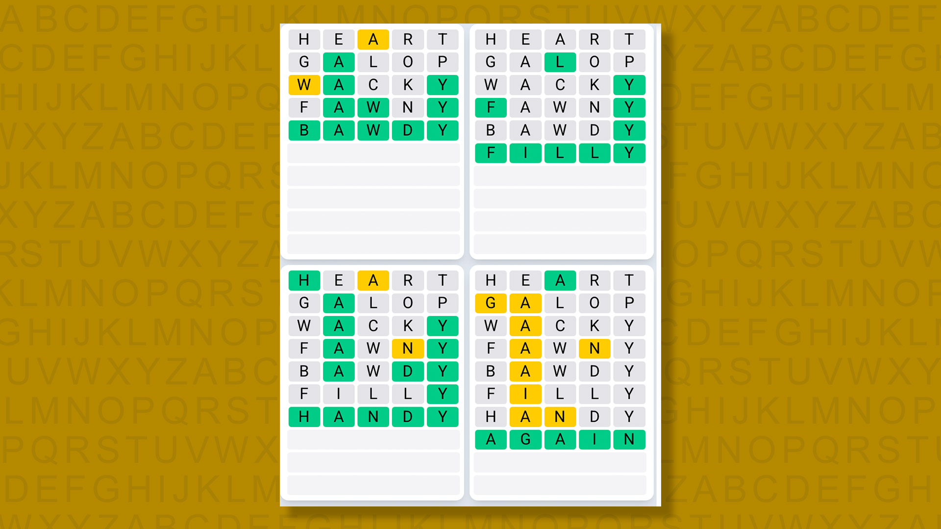 Quordle Daily Sequence answers for game 1375 on a yellow background