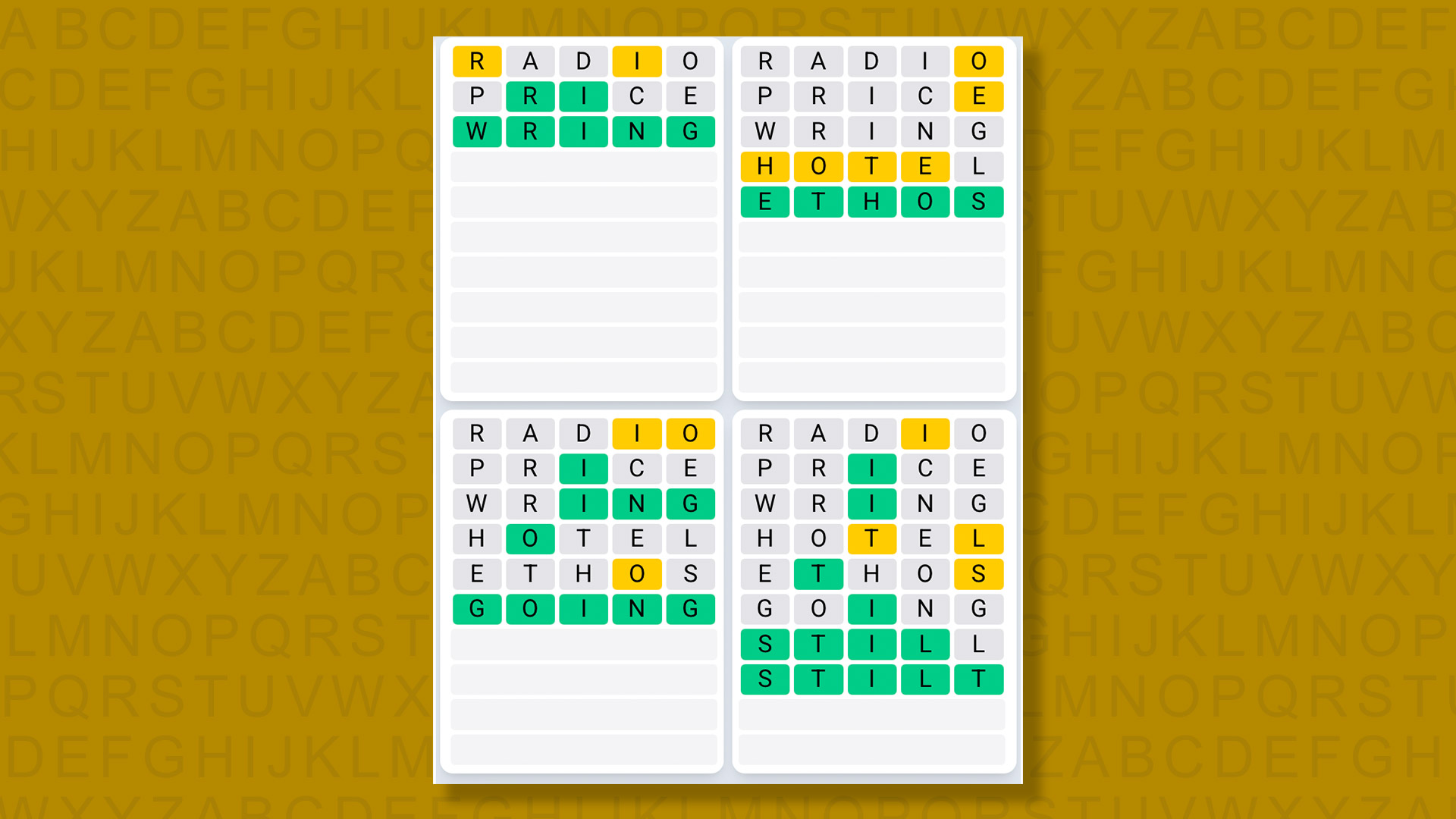 Quordle Daily Sequence answers for game 1352 on a yellow background