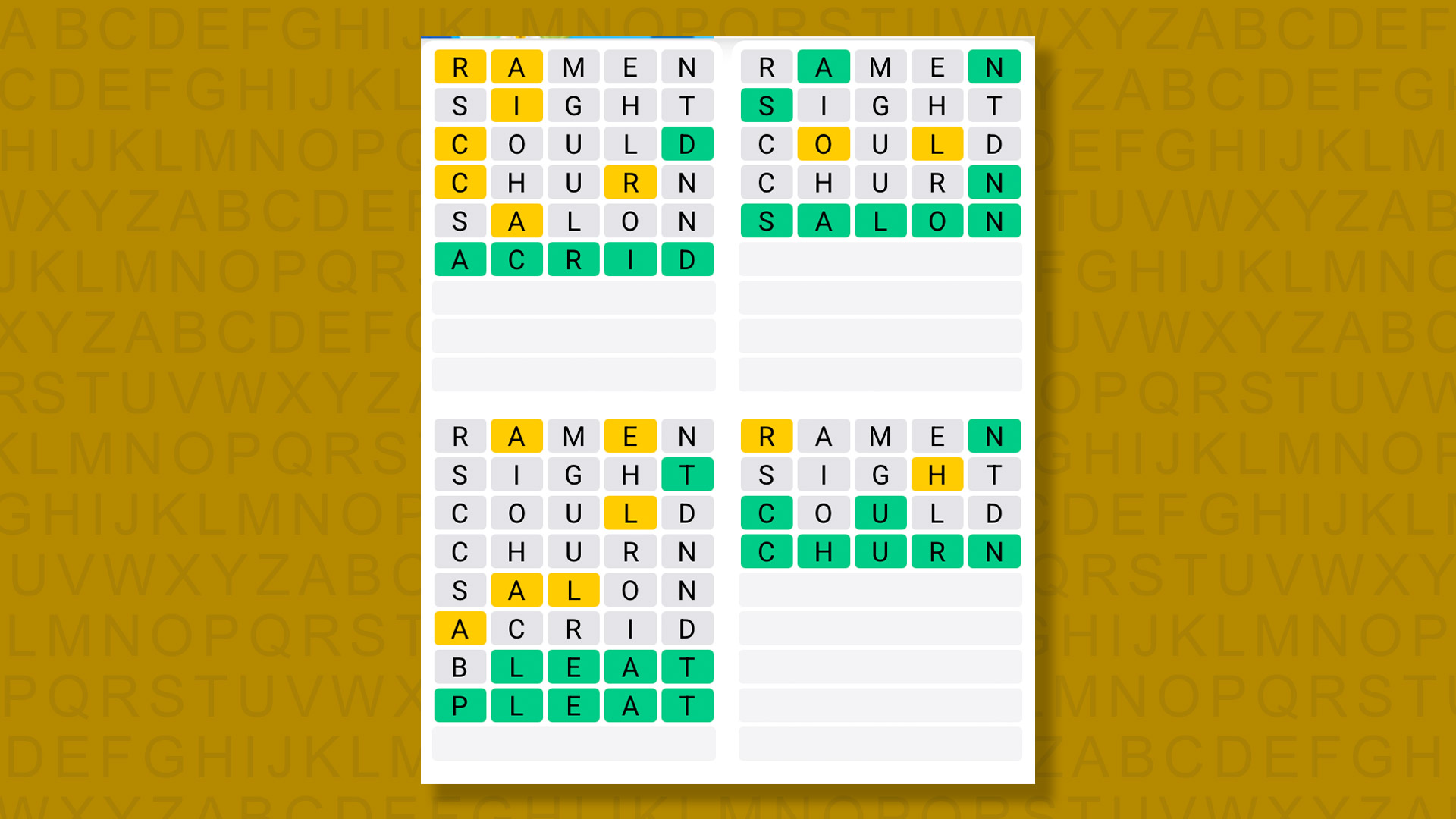 Quordle answers for game 1352 on a yellow background