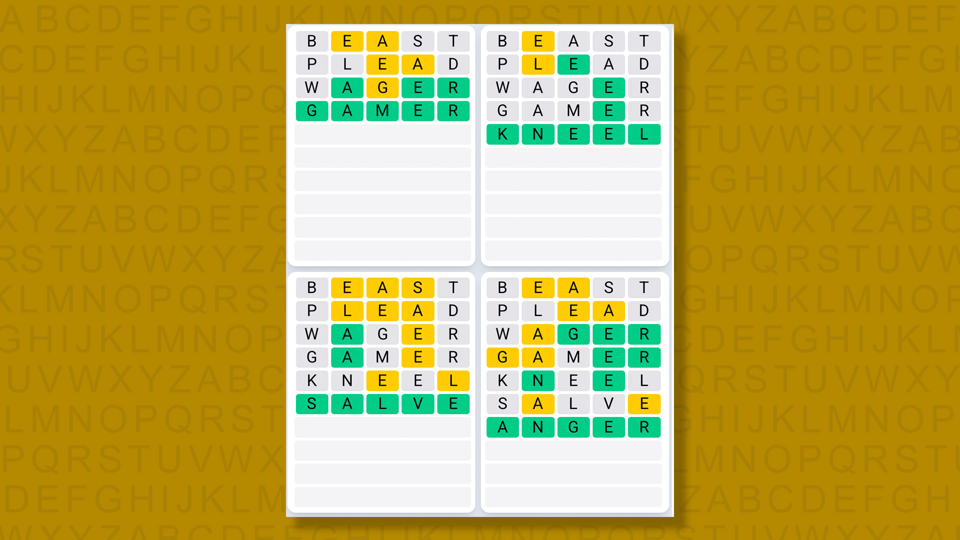 Quordle Daily Sequence answers for game 1360 on a yellow background