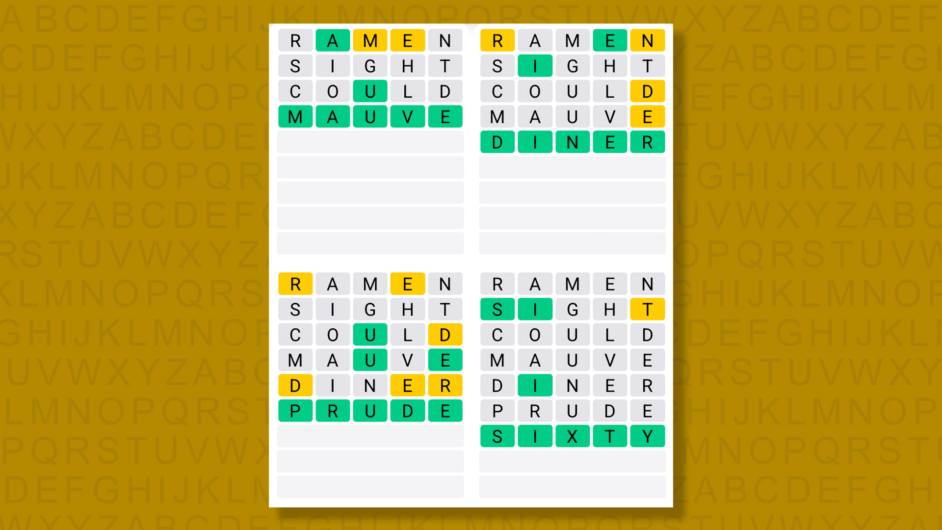 Quordle answers for game 1360 on a yellow background