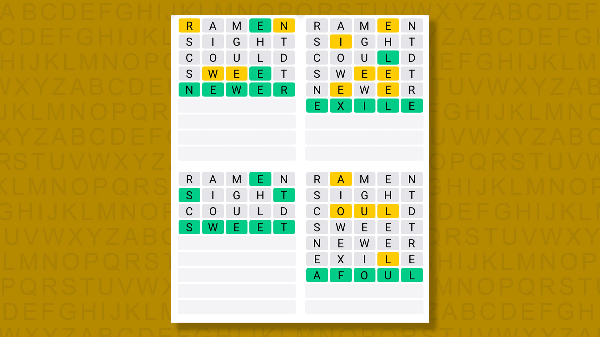 Quordle Daily Sequence answers for game 1367 on a yellow background
