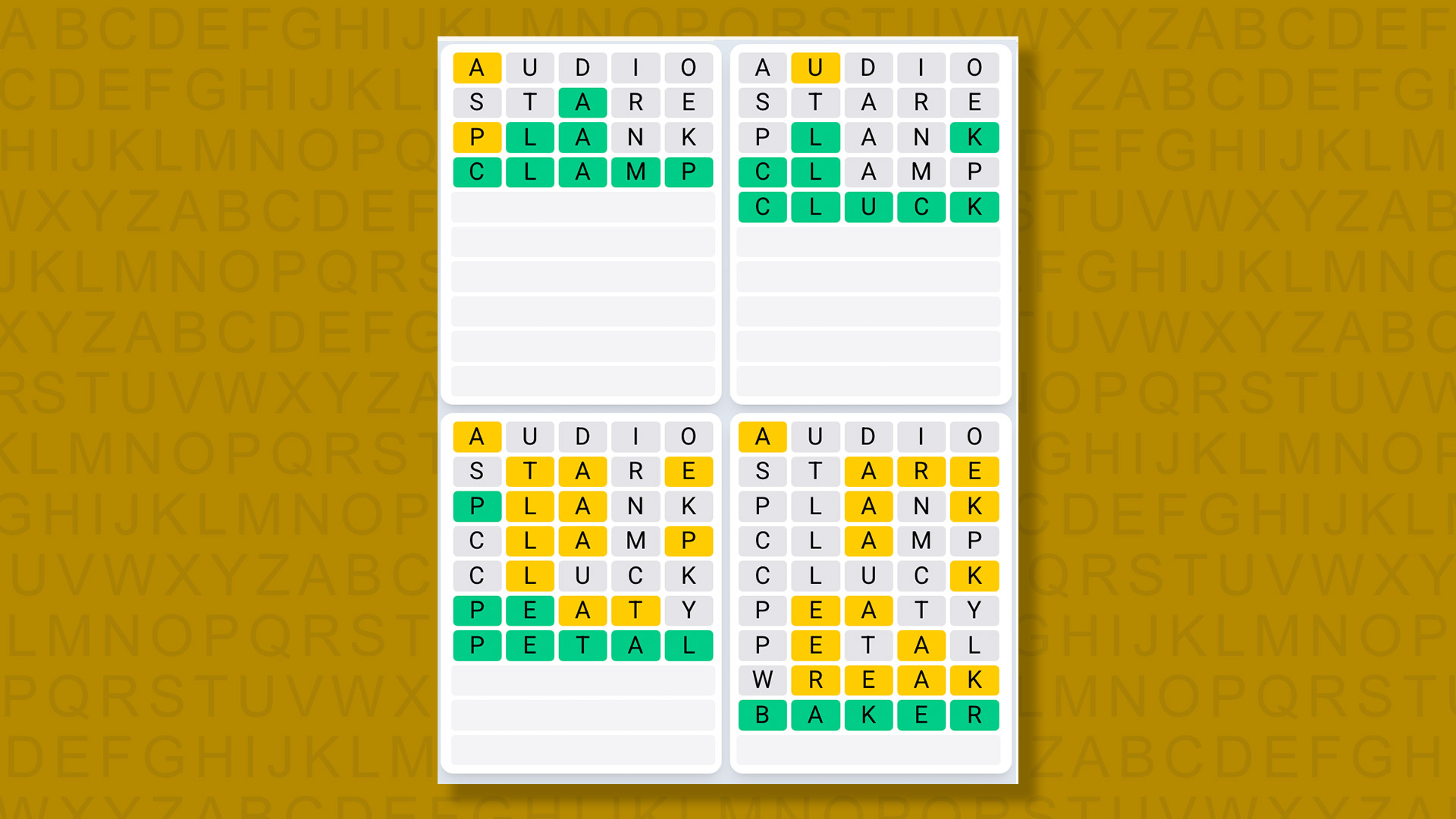Quordle Daily Sequence answers for game 1353 on a yellow background