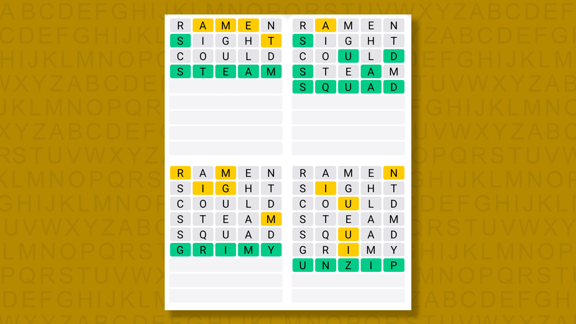 Quordle answers for game 1353 on a yellow background