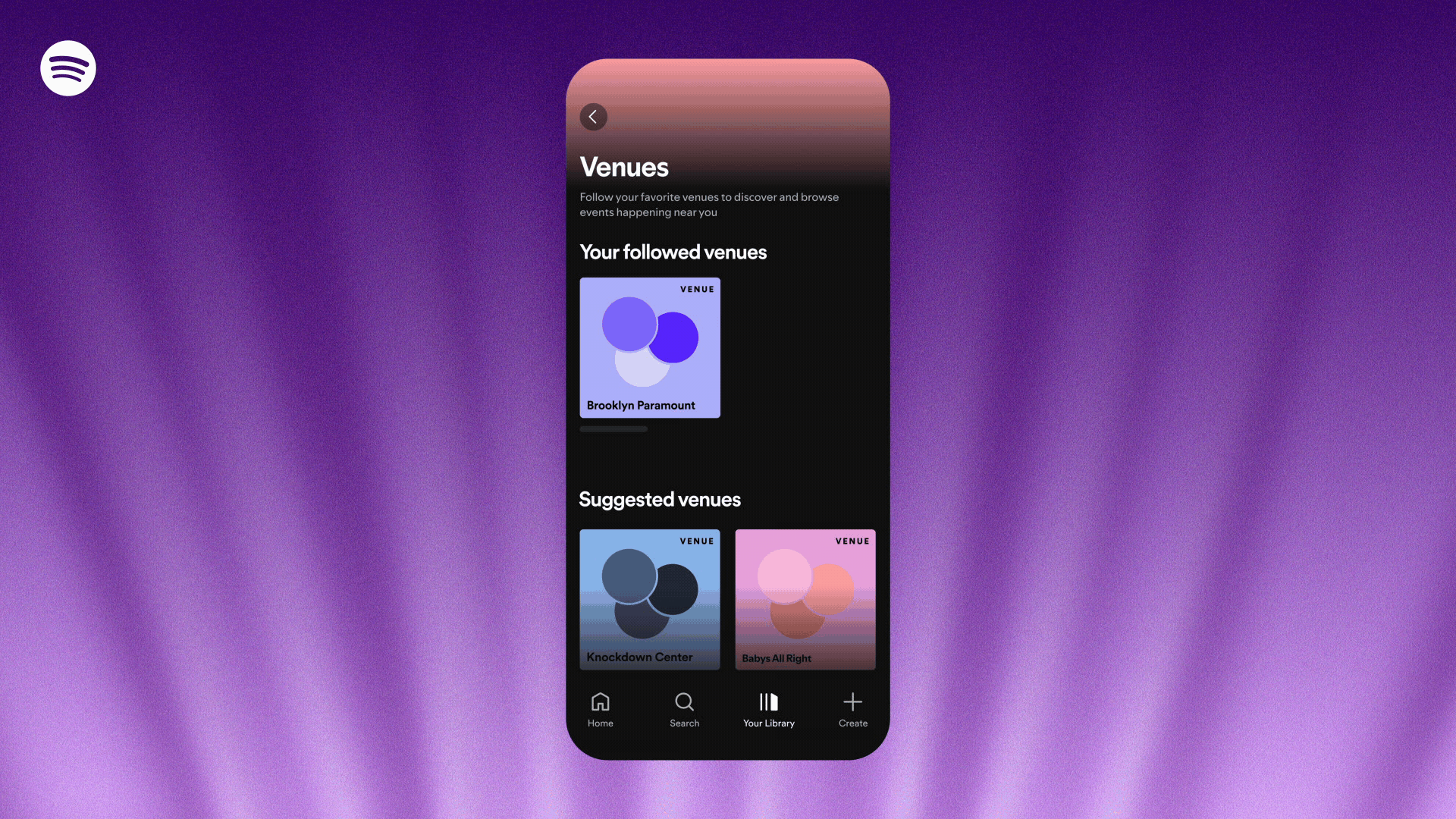 A gif showing the new Venues tab in Spotify&#039;s Live Events feed