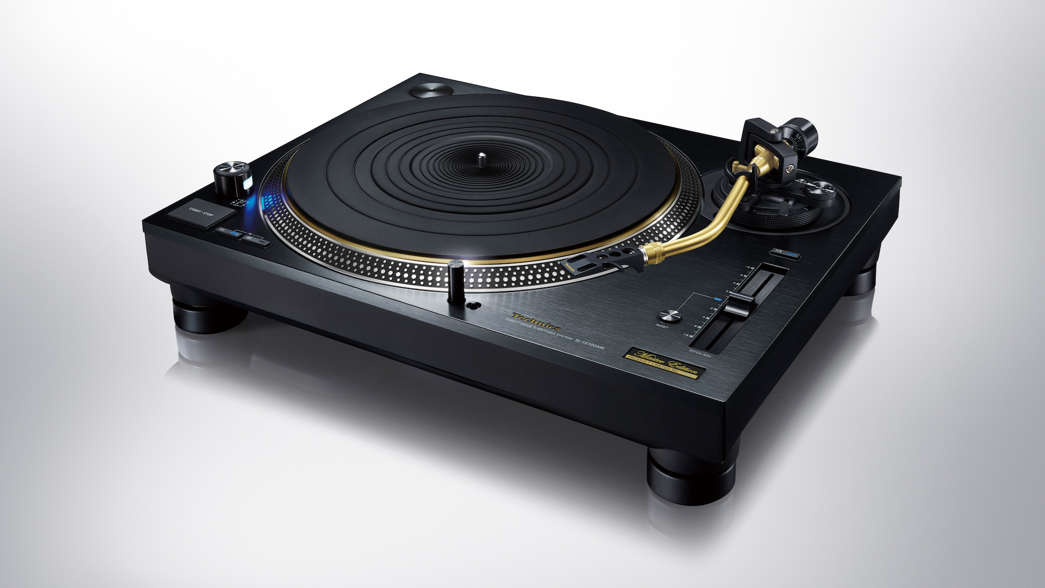 Technics SL-1210GME turntable shot from above and in front on a grey background