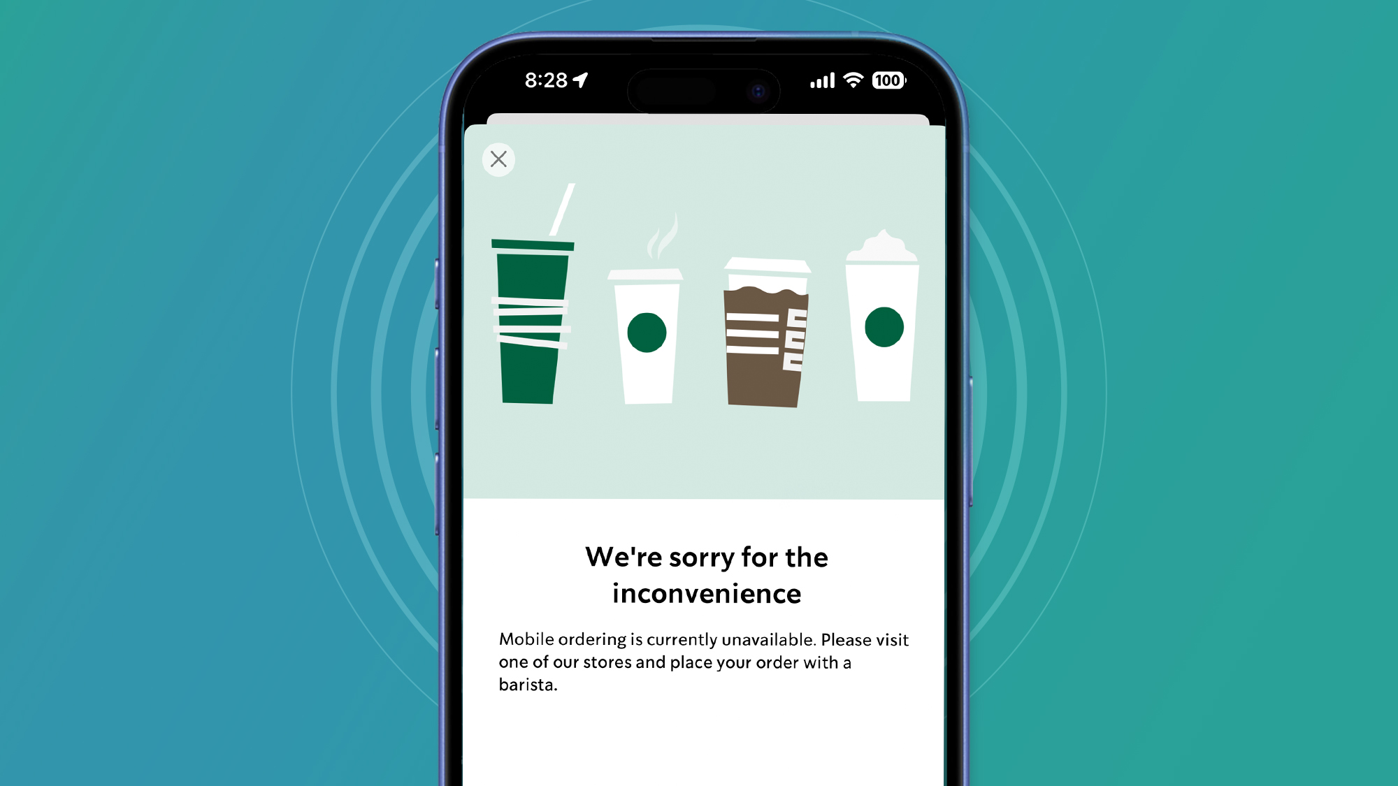 A phone on a green and blue background showing the Starbucks app not working