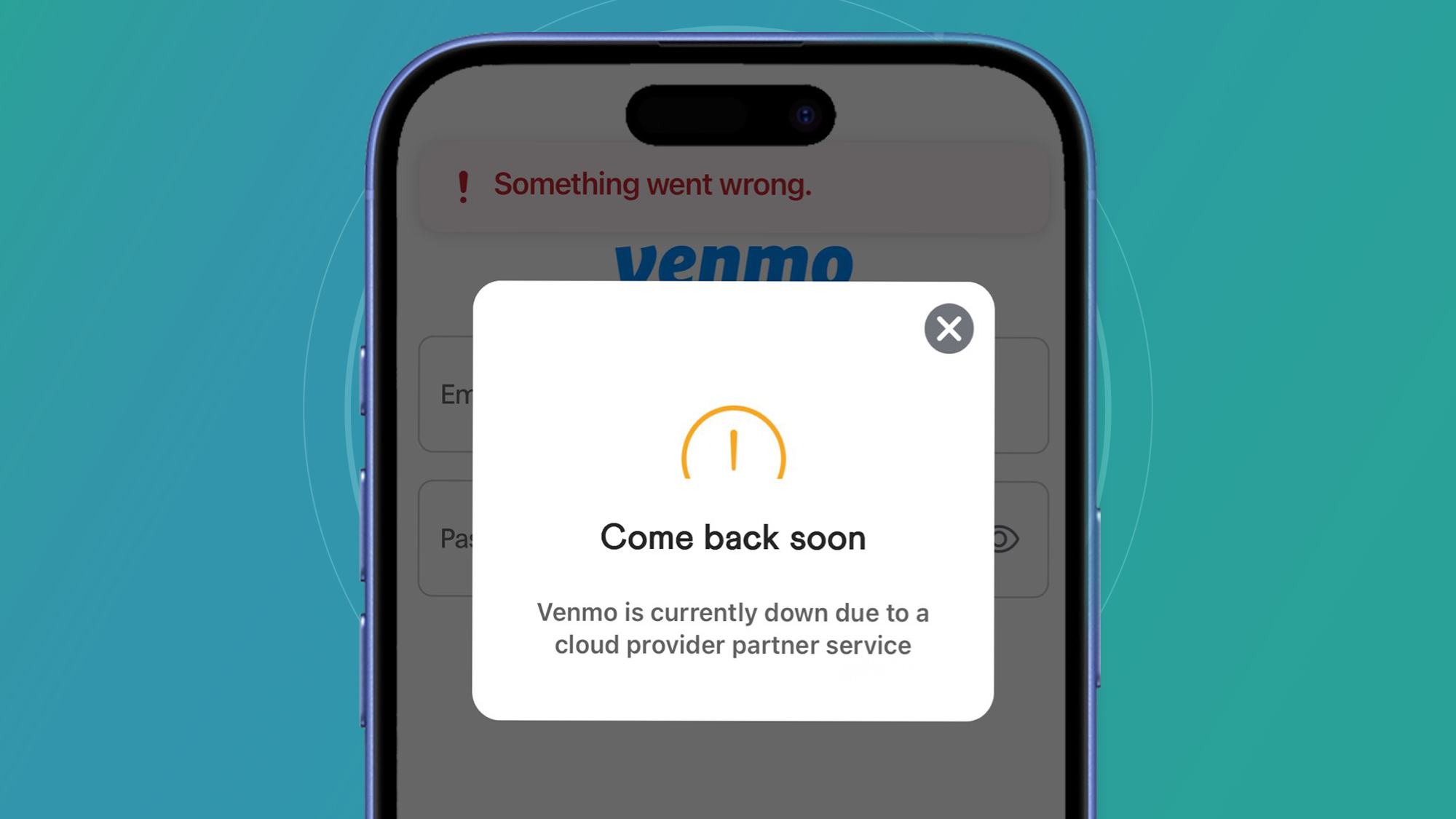 A phone on a green and blue background showing a Venmo app error message