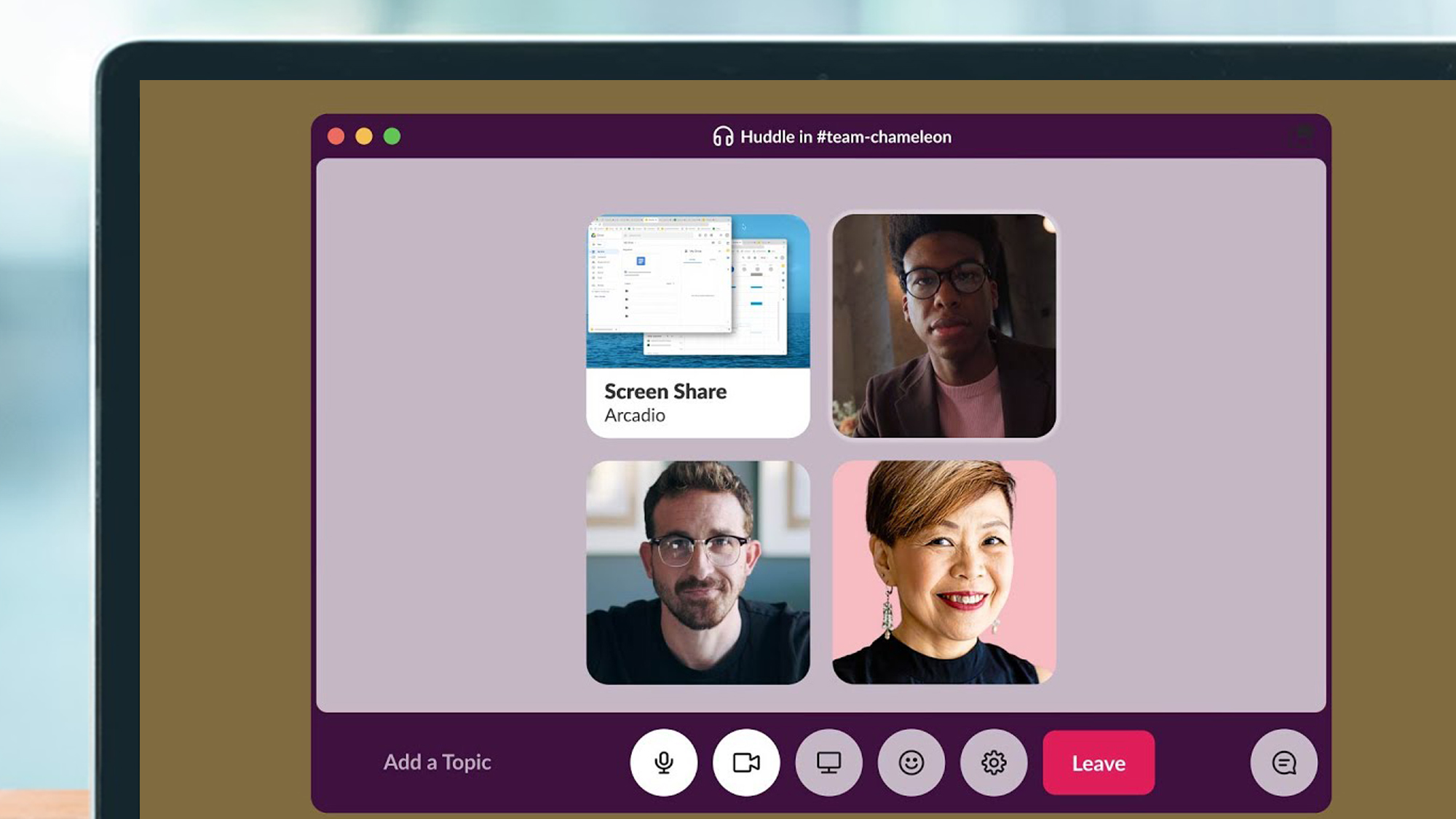 A laptop screen showing a Slack huddle