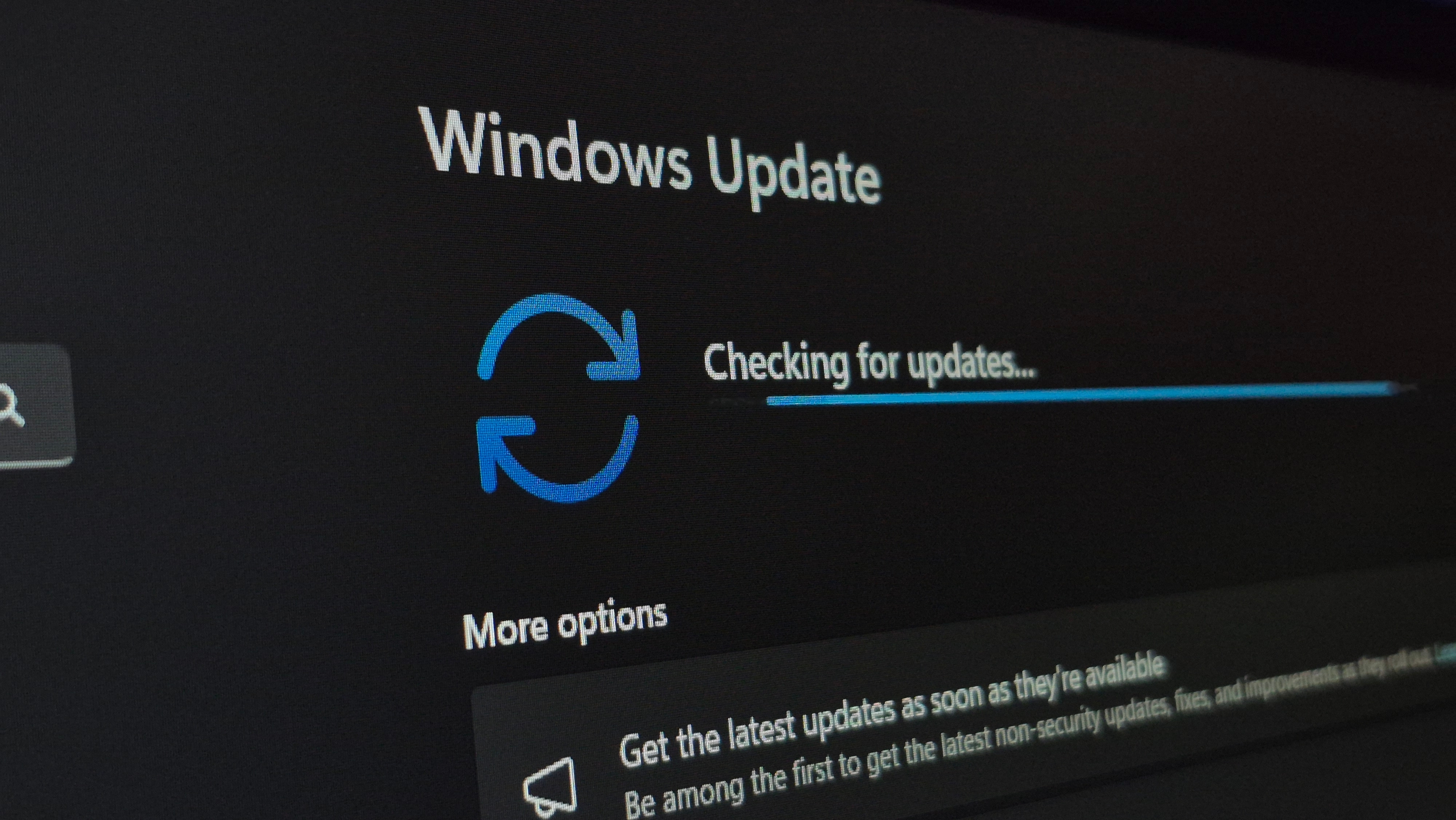 Close up image of Windows update Screen on a windows 11 device checking for latest updates.
