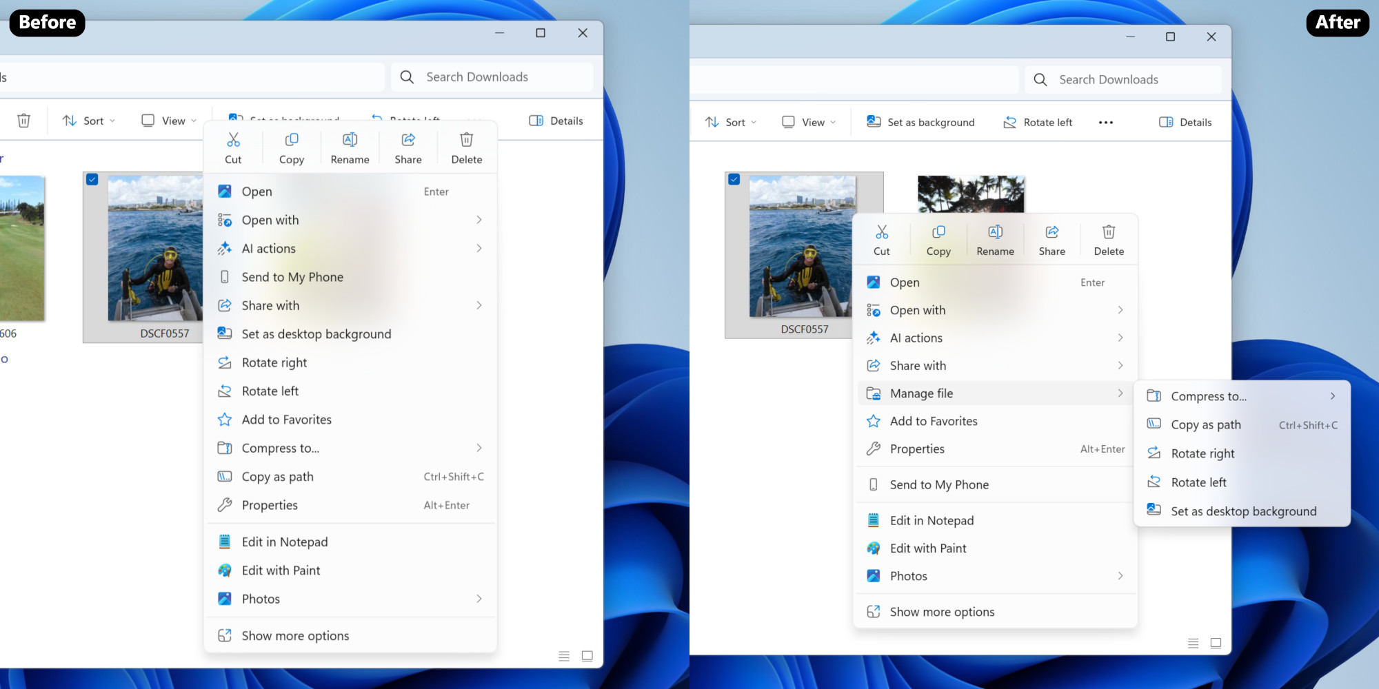 Windows 11 redesigned right-click menu in File Explorer in testing