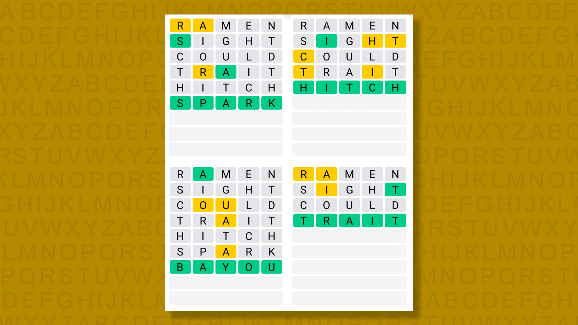 Quordle answers for game 1397 on a yellow background