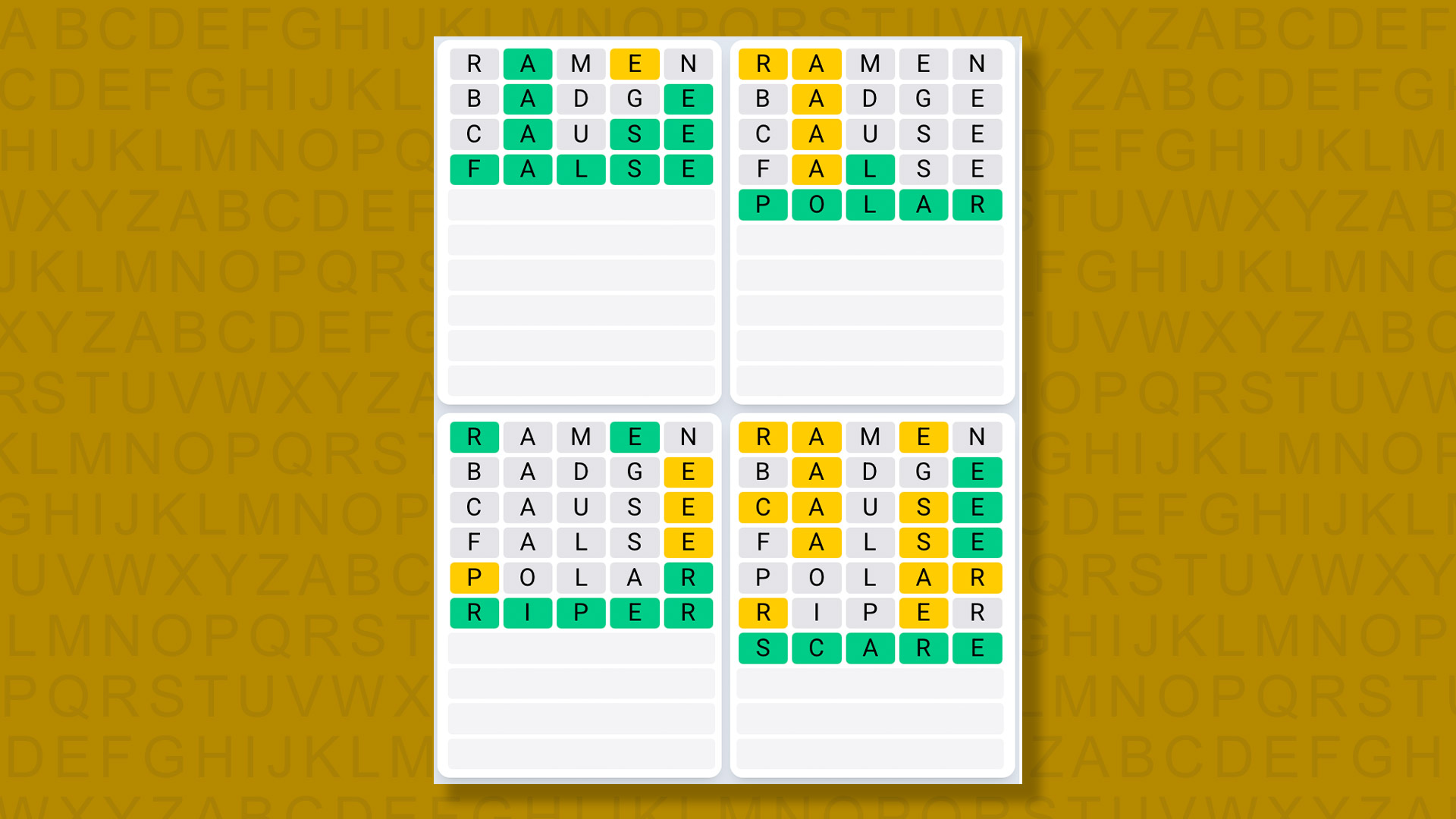 Quordle Daily Sequence answers for game 1404 on a yellow background
