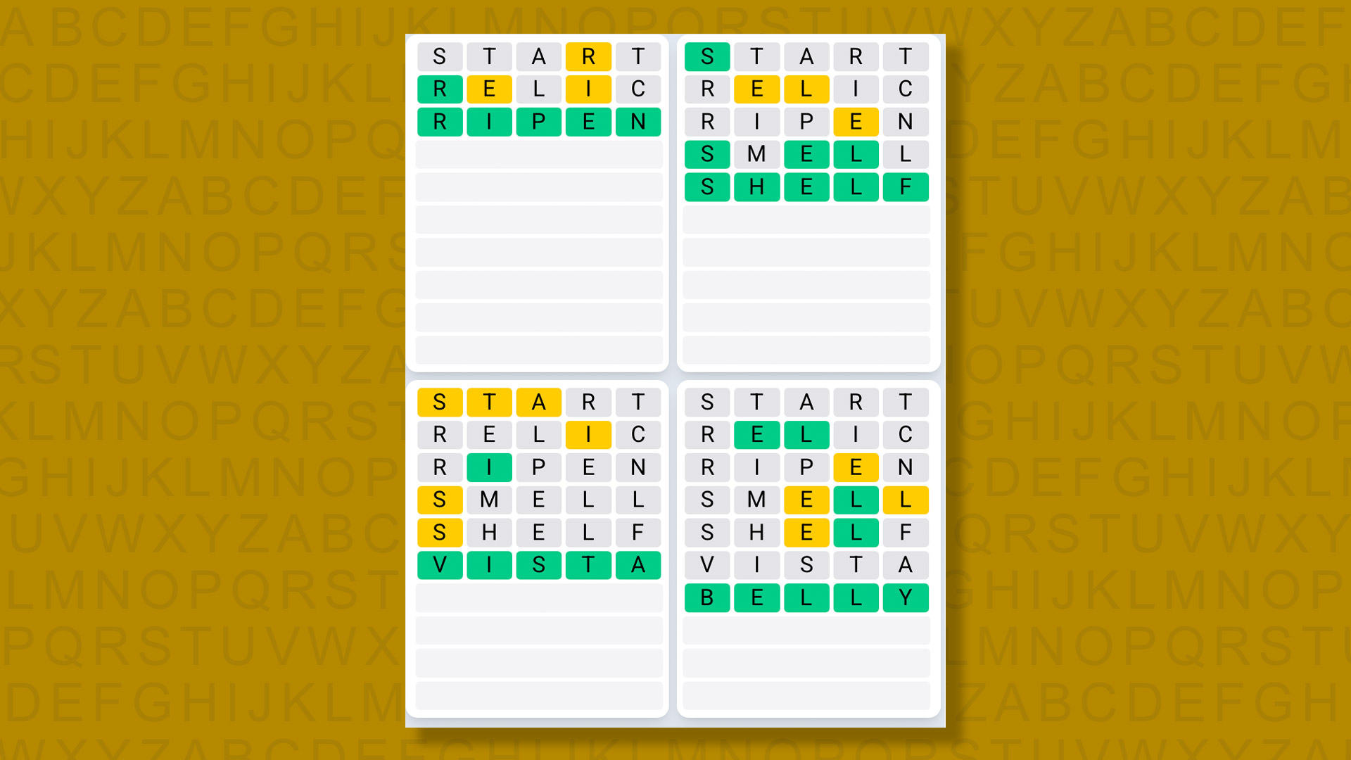 Quordle Daily Sequence answers for game 1383 on a yellow background