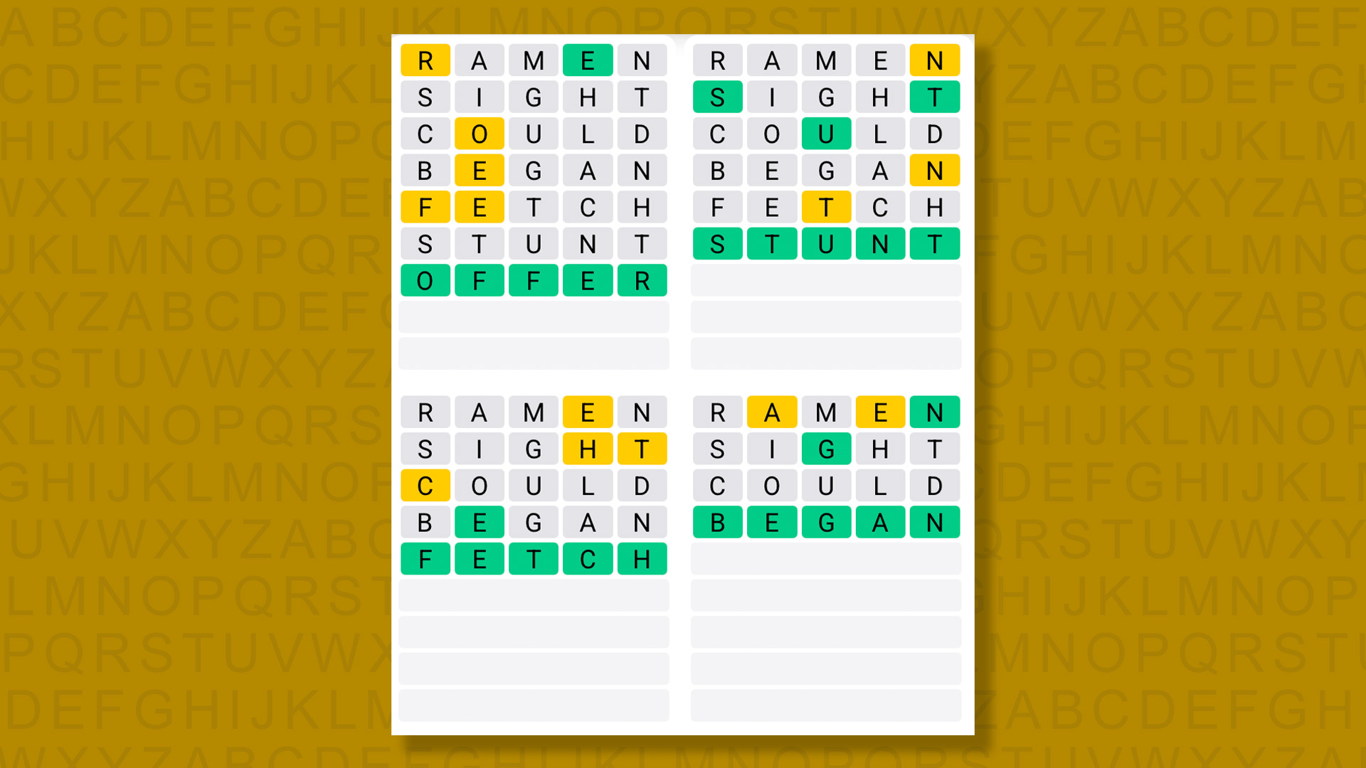 Quordle answers for game 1383 on a yellow background