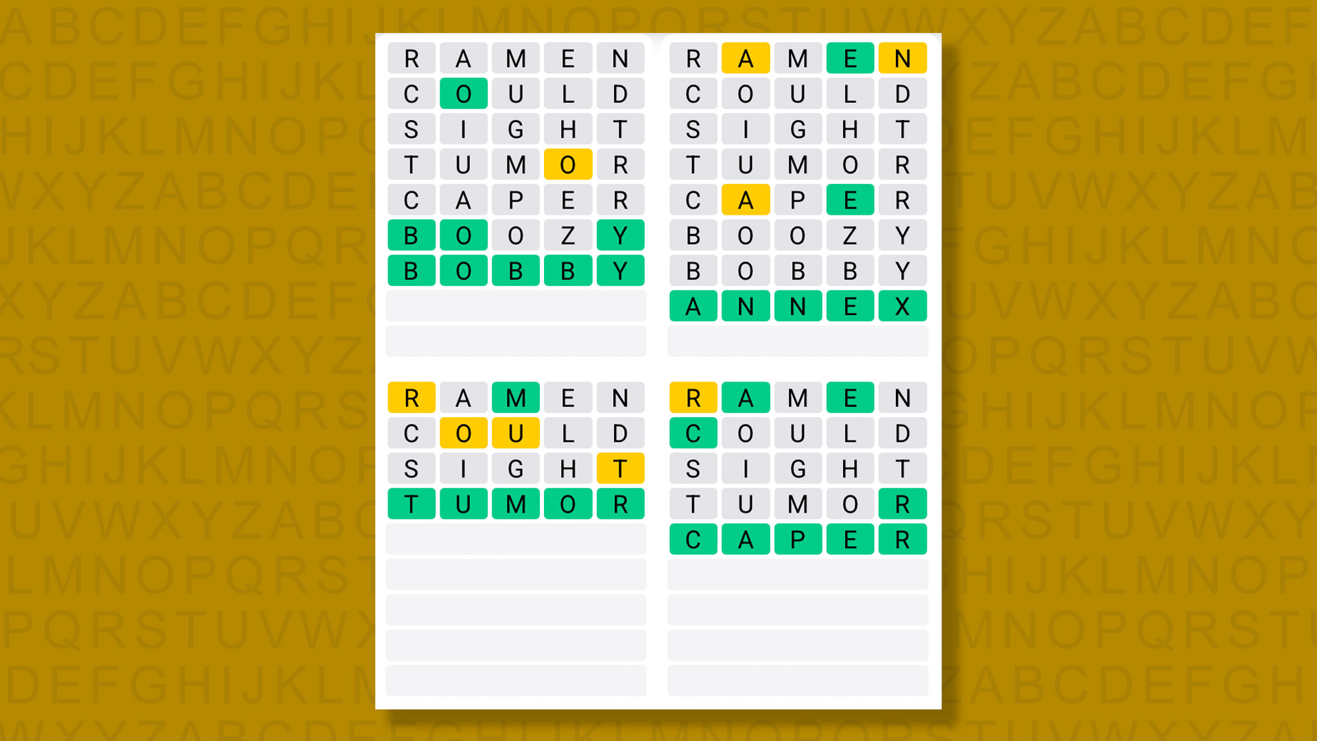 Quordle answers for game 1386 on a yellow background