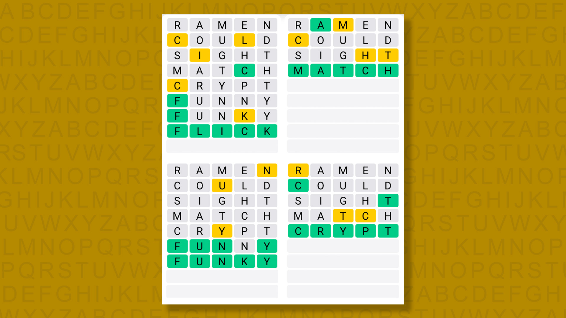 Quordle answers for game 1393 on a yellow background