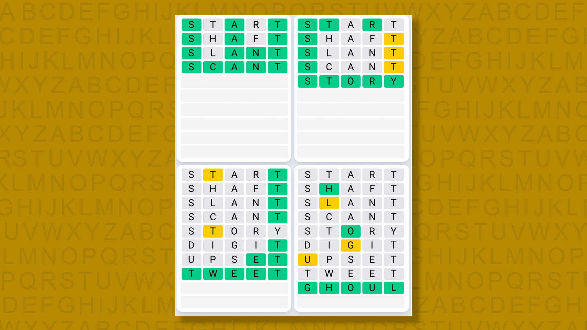 Quordle Daily Sequence answers for game 1398 on a yellow background