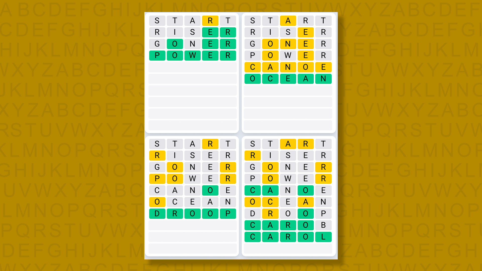Quordle Daily Sequence answers for game 1405 on a yellow background