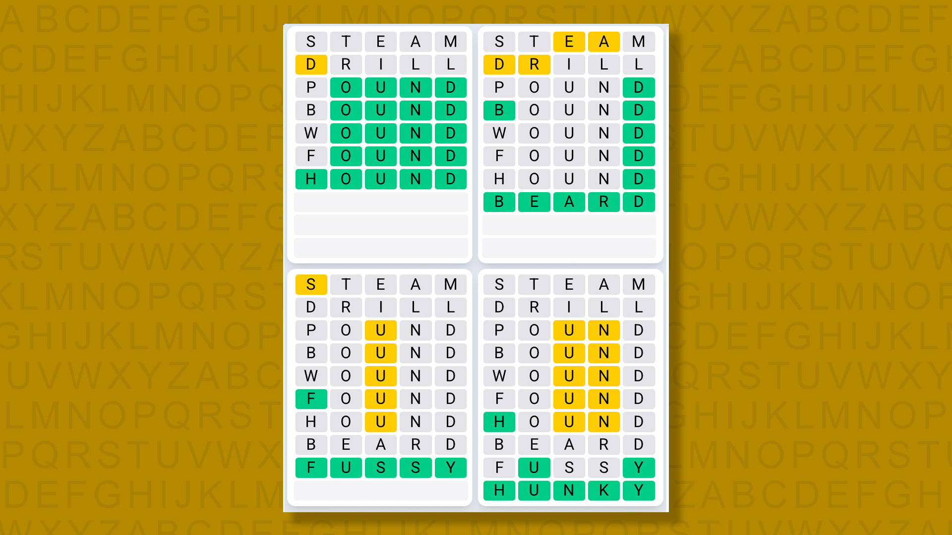 Quordle Daily Sequence answers for game 1378 on a yellow background