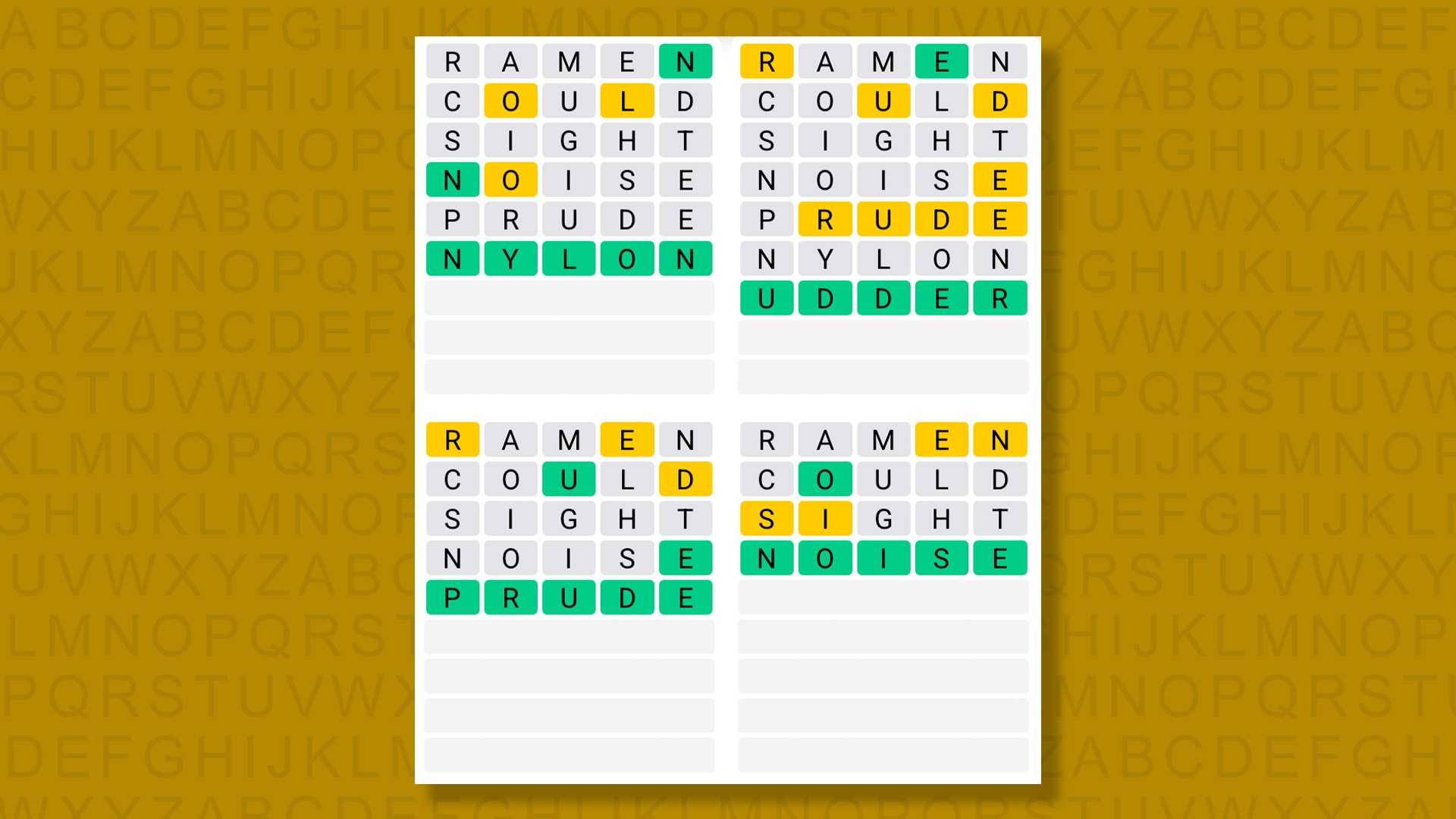 Quordle answers for game 1378 on a yellow background