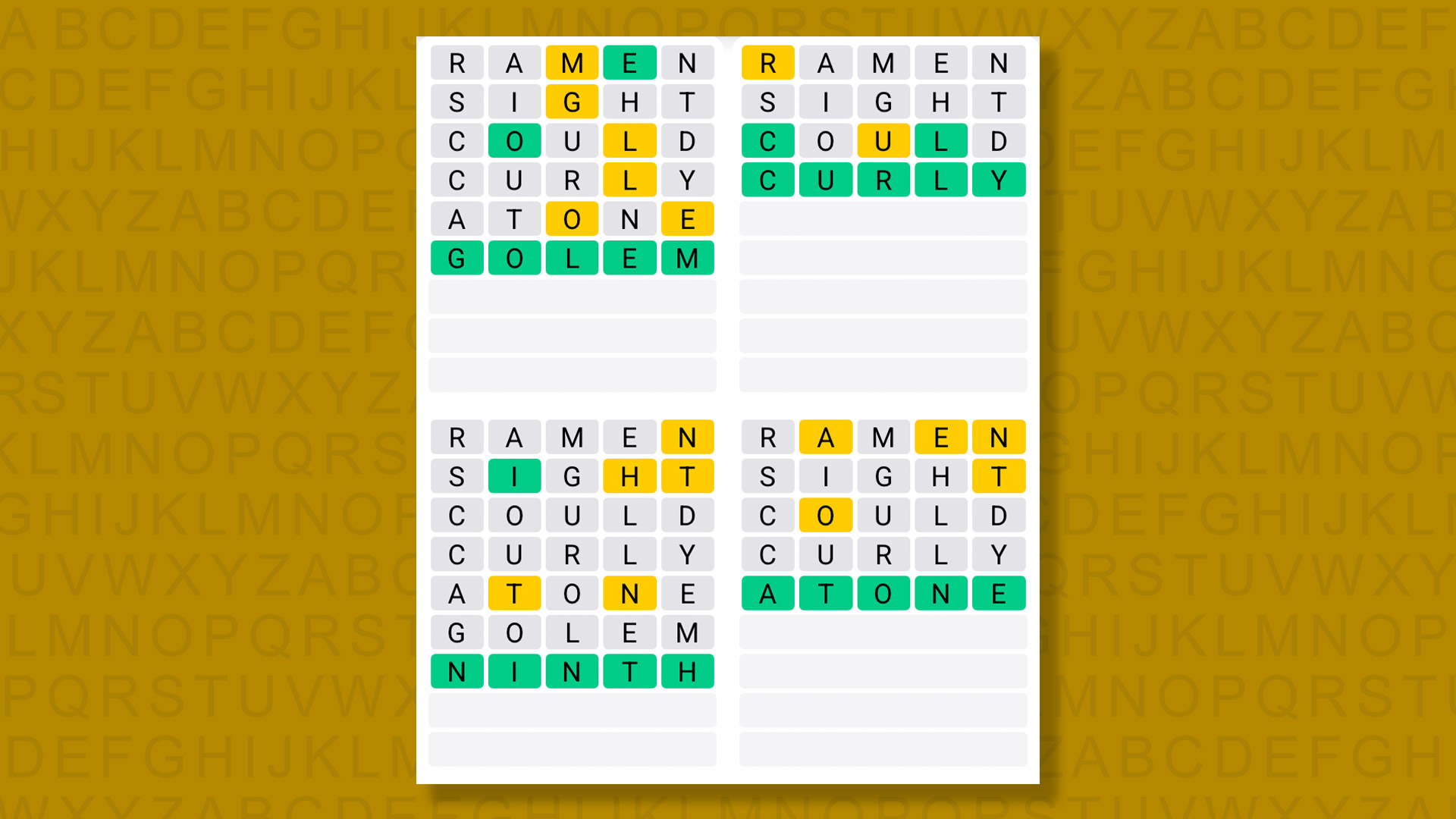 Quordle answers for game 1399 on a yellow background