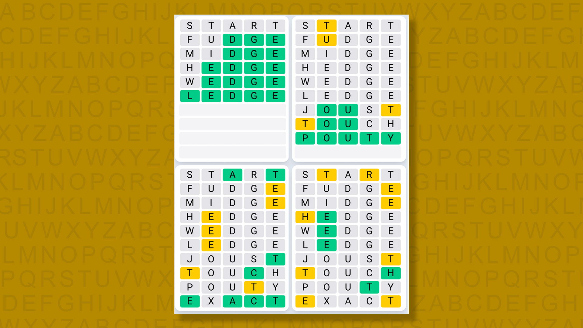 Quordle Daily Sequence answers for game 1406 on a yellow background