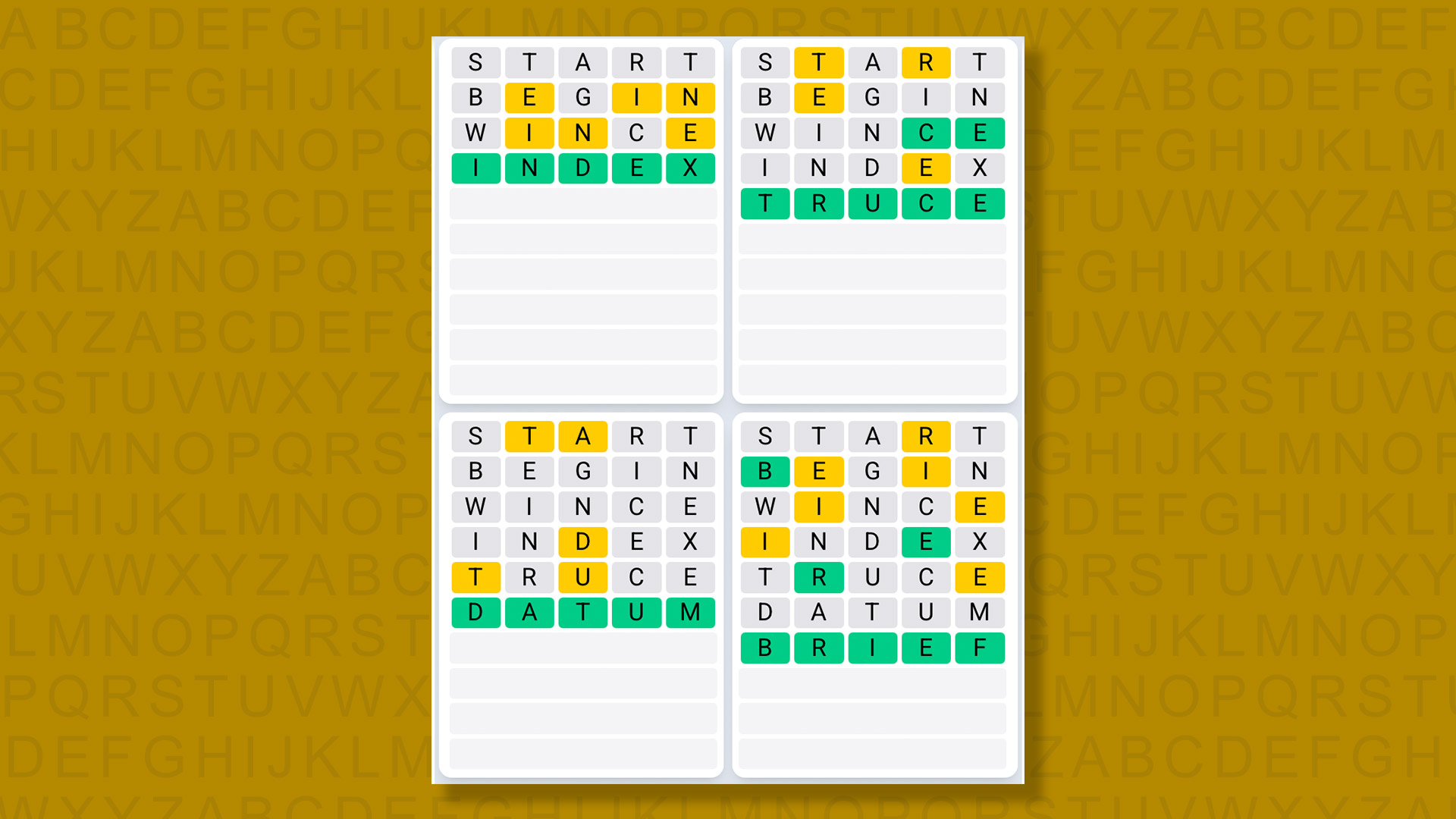 Quordle Daily Sequence answers for game 1385 on a yellow background